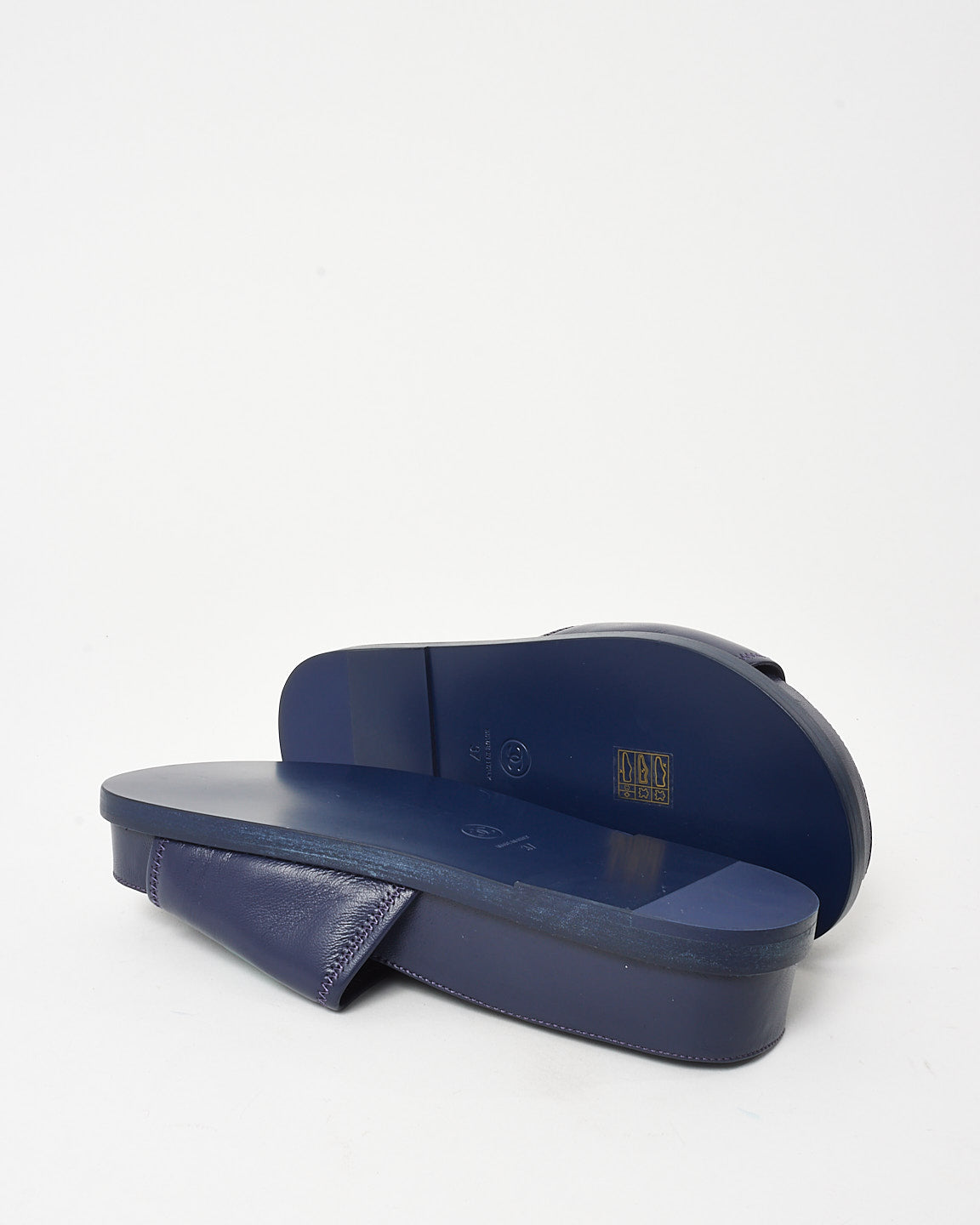 Chanel Navy Leather Multi CHA-NEL Mule Sandals - 37