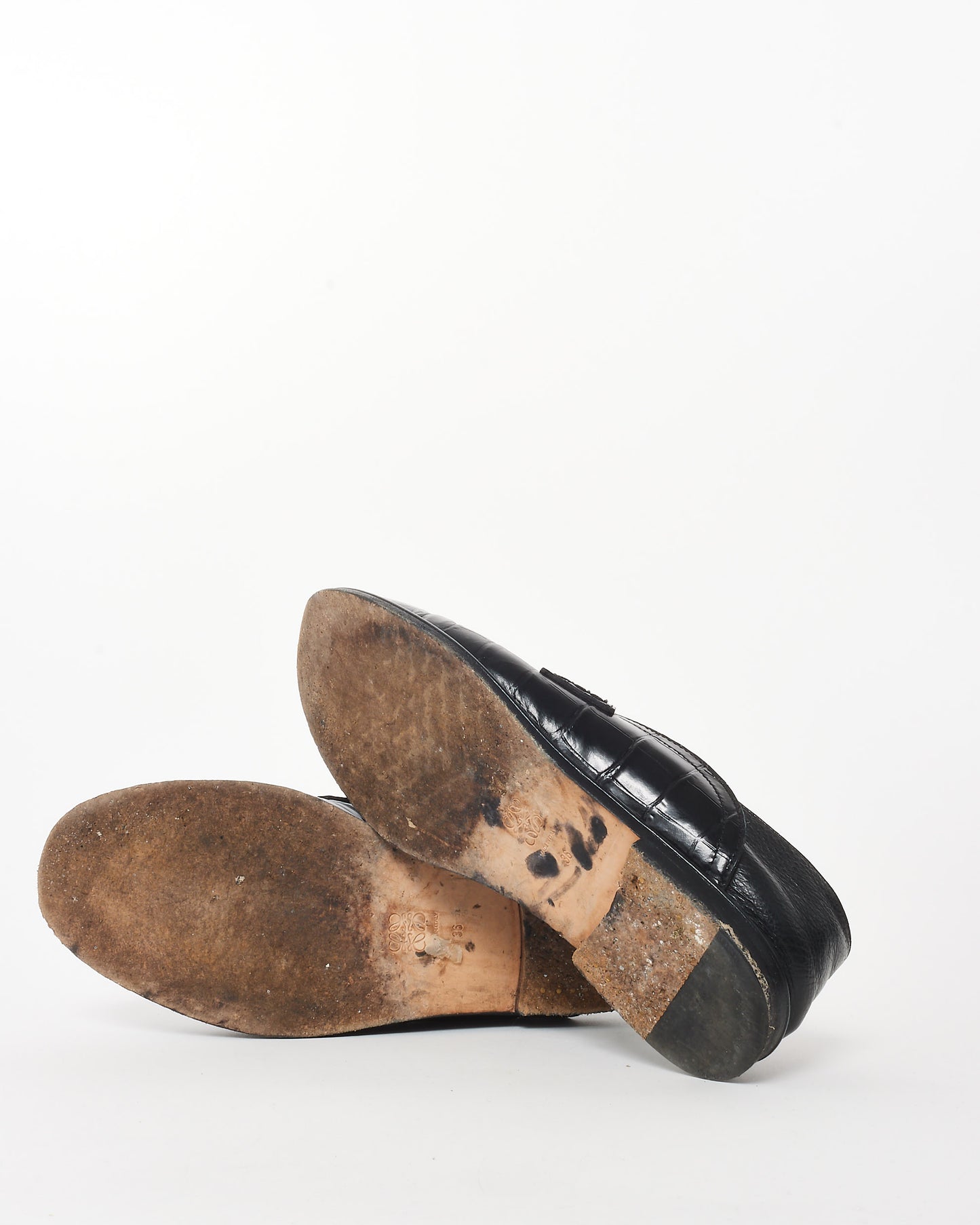 Loewe Black Leather Croc Embossed Calfskin Leather Slip On Loafers - 36