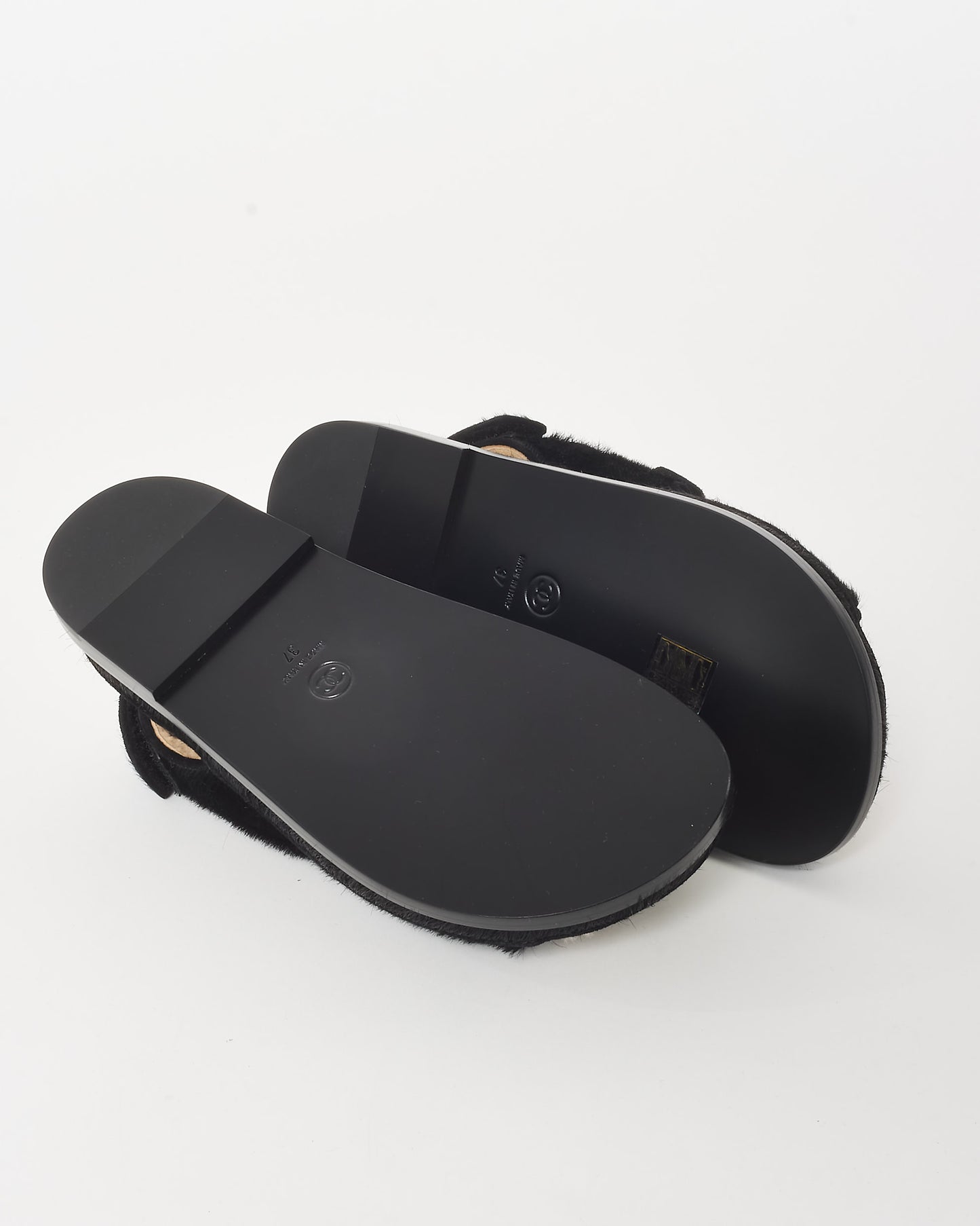 Chanel Black Pony Hair & Shearling Logo Dad Sandals - 37