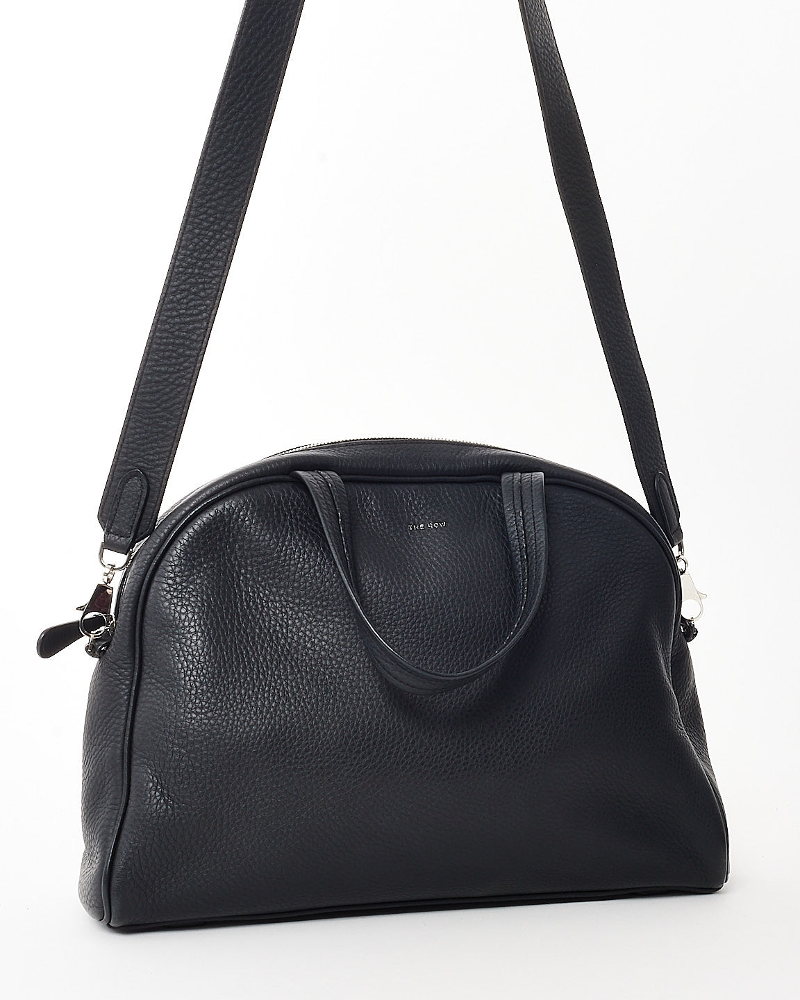 The Row Black Grained Leather Soft Bowling Tote Bag w/ Strap