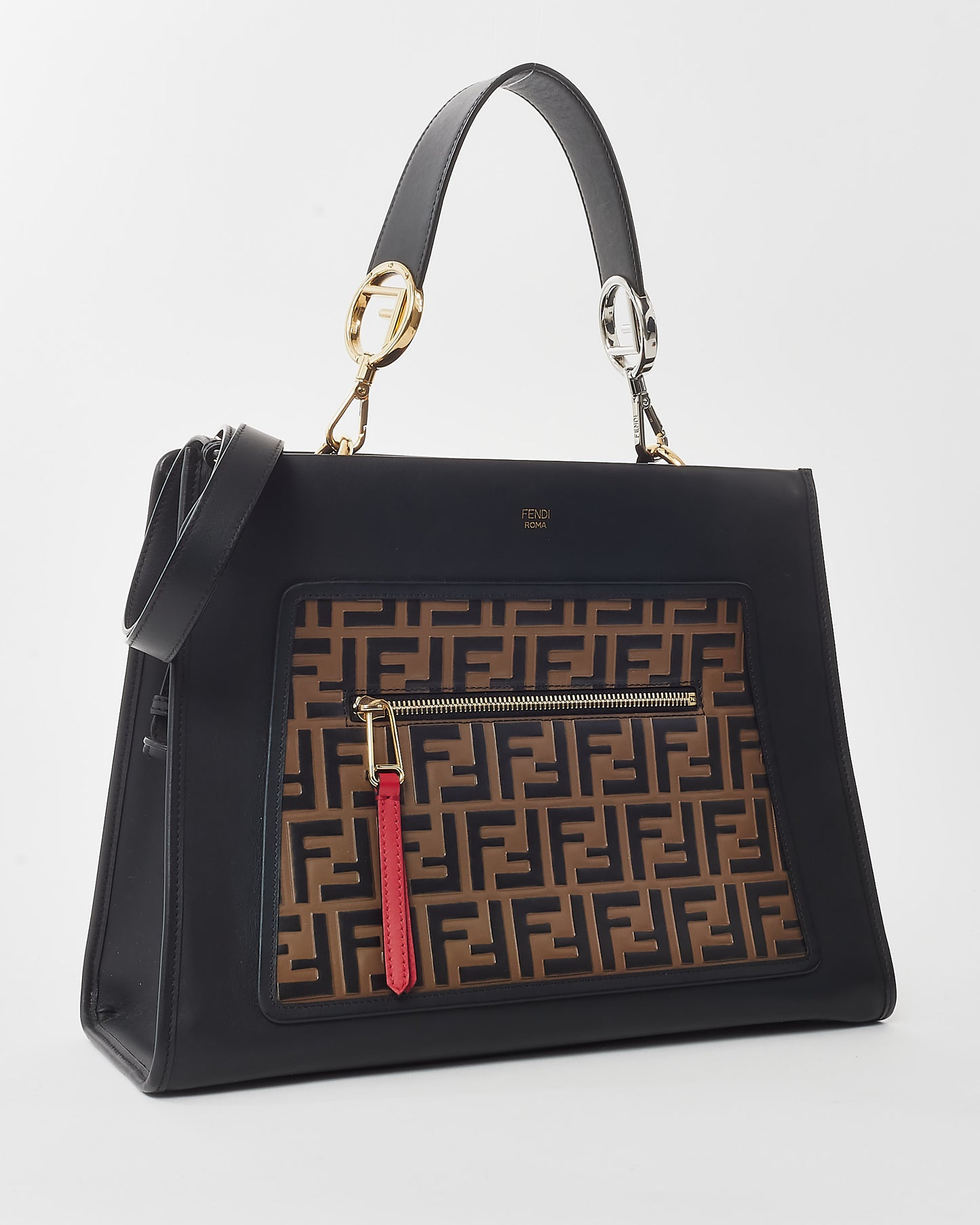 Fendi Black & Monogram FF Zucca Print Leather Runaway Tote w/ Strap