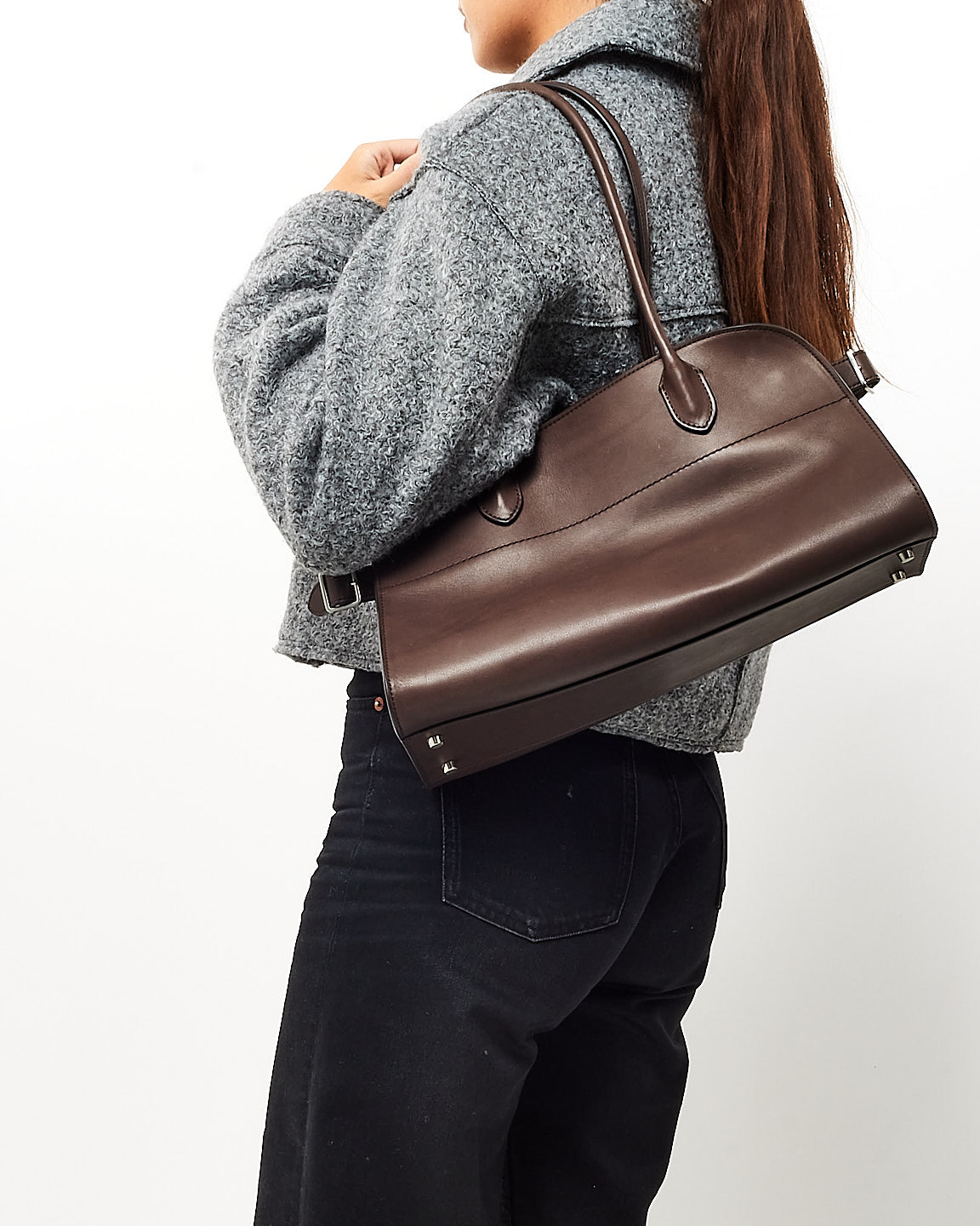 The Row Hippo Grey Leather Soft Margaux 12 E/W Shoulder Bag