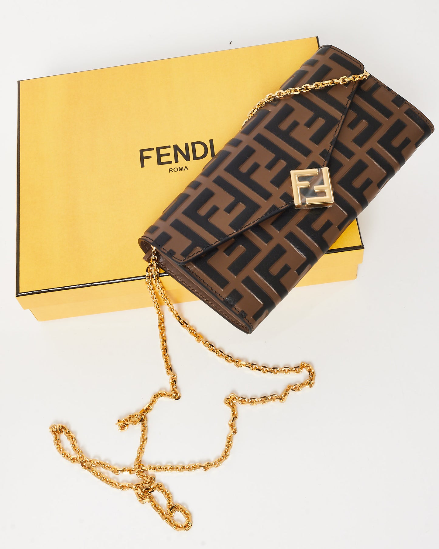 Fendi Brown and Black FF Embossed Leather Diamonds Continental Wallet with Chain Bag