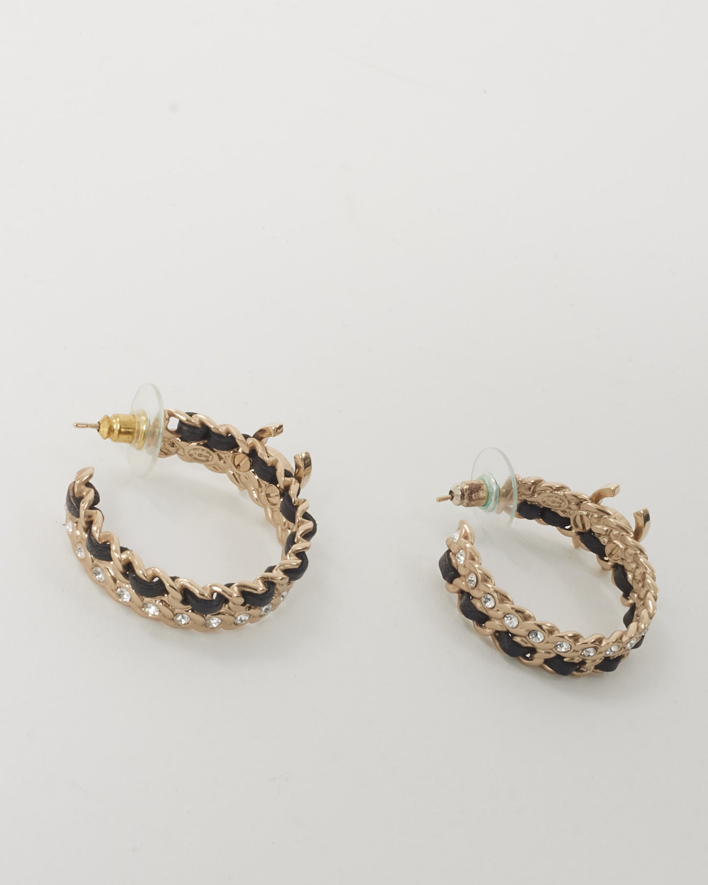 Chanel Gold-Tone Metal & Black Leather Crystal CC Chain Hoop Earrings