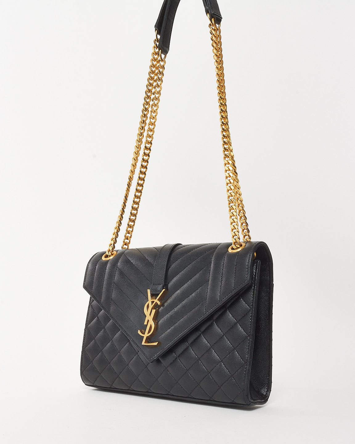 Saint Laurent Black Quilted Embossed Leather Medium YSL Logo Envelope Flap Bag