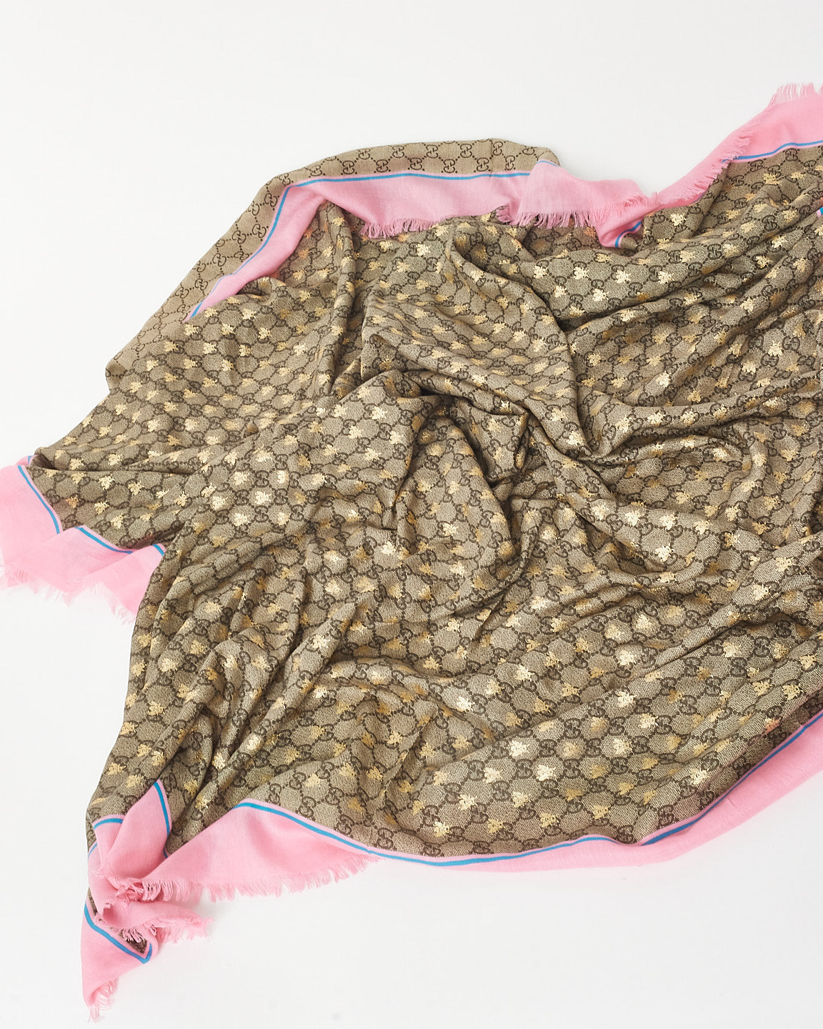 Gucci Beige And Ebony GG Supreme & Bee GG Monogram Pink Shawl Scarf