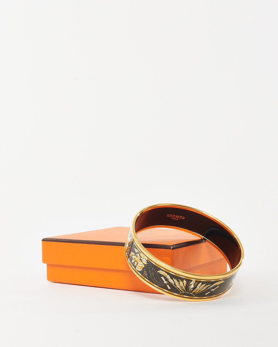 Hermès Black & Gold Enamel Printed Brazil Wide Bangle Bracelet