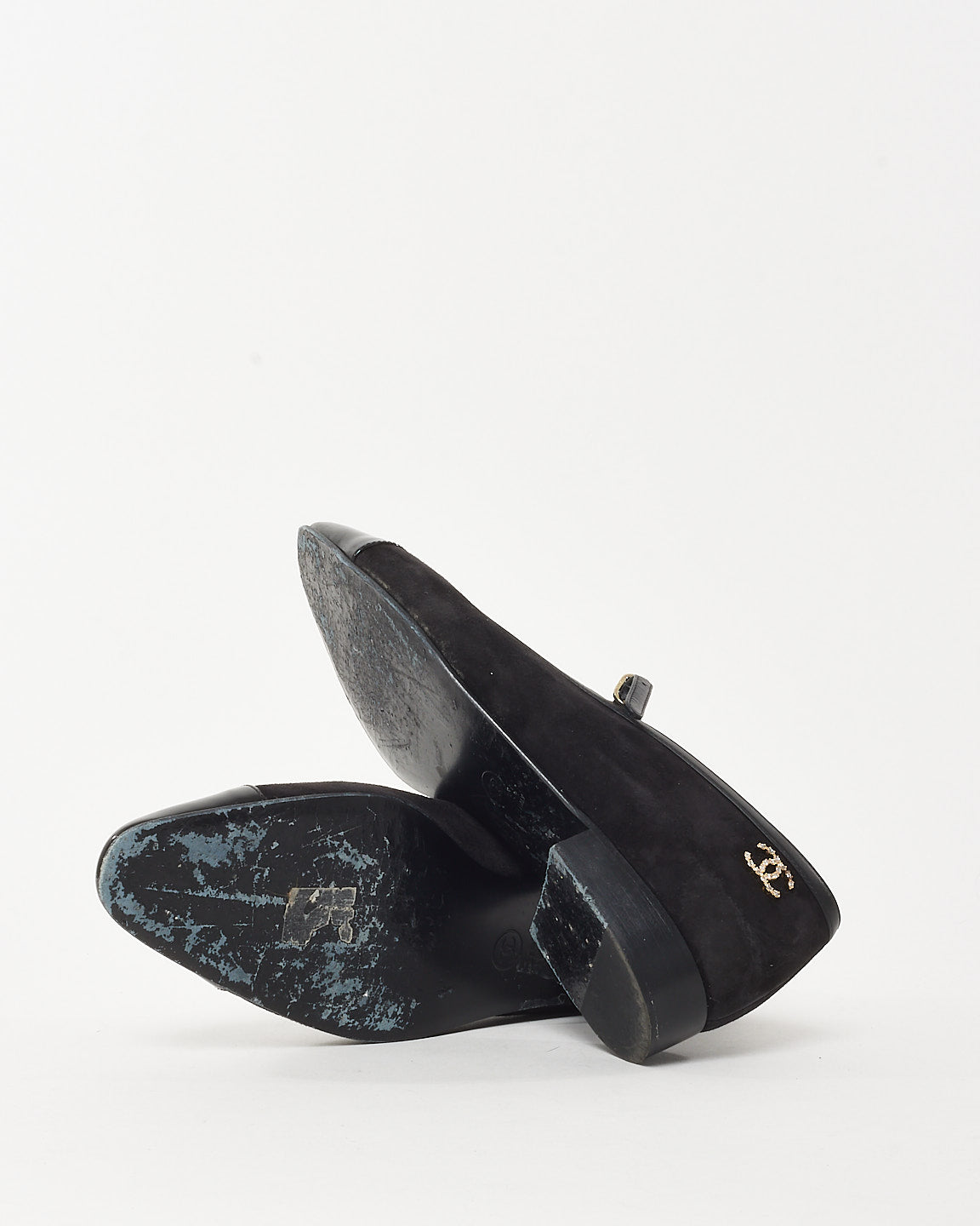Chanel Black Suede Patent Cap Toe Crystal CC Logo Mary Jane Flats - 39.5