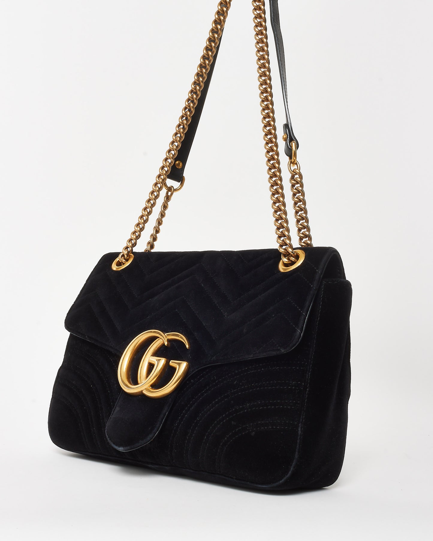 Gucci Black Matelassé Velvet Medium GG Marmont Flap Shoulder Bag