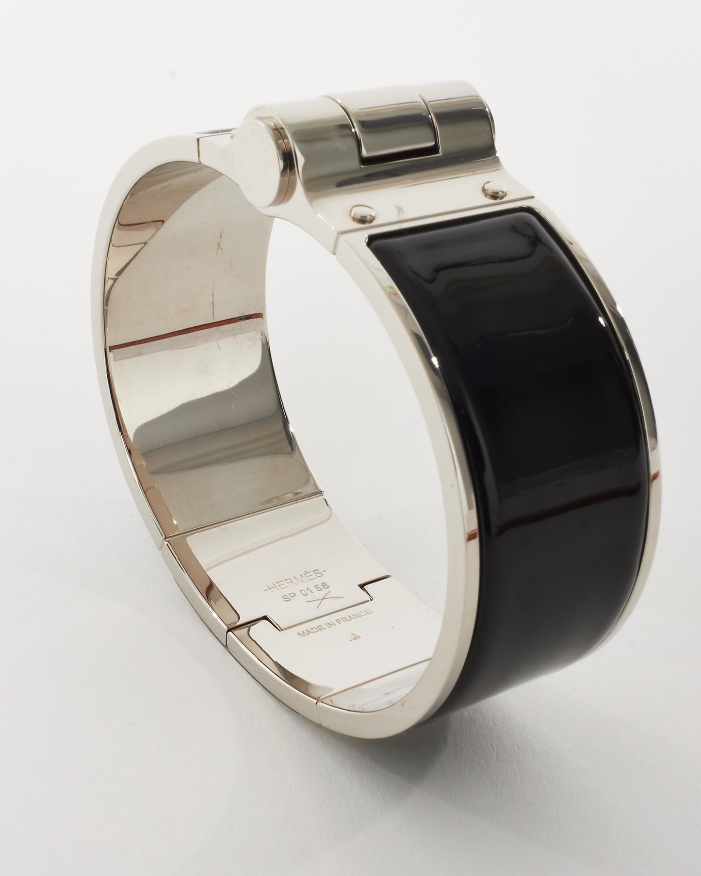 Hermès Silver and Black Enamel Wide Hinged Cuff Bracelet - M