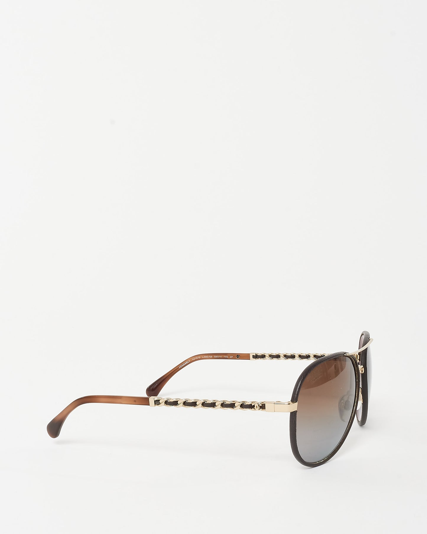Chanel Gold and Brown Polarized Lens Chain Leather Arm Aviator Pilot Sunglasses - 4219