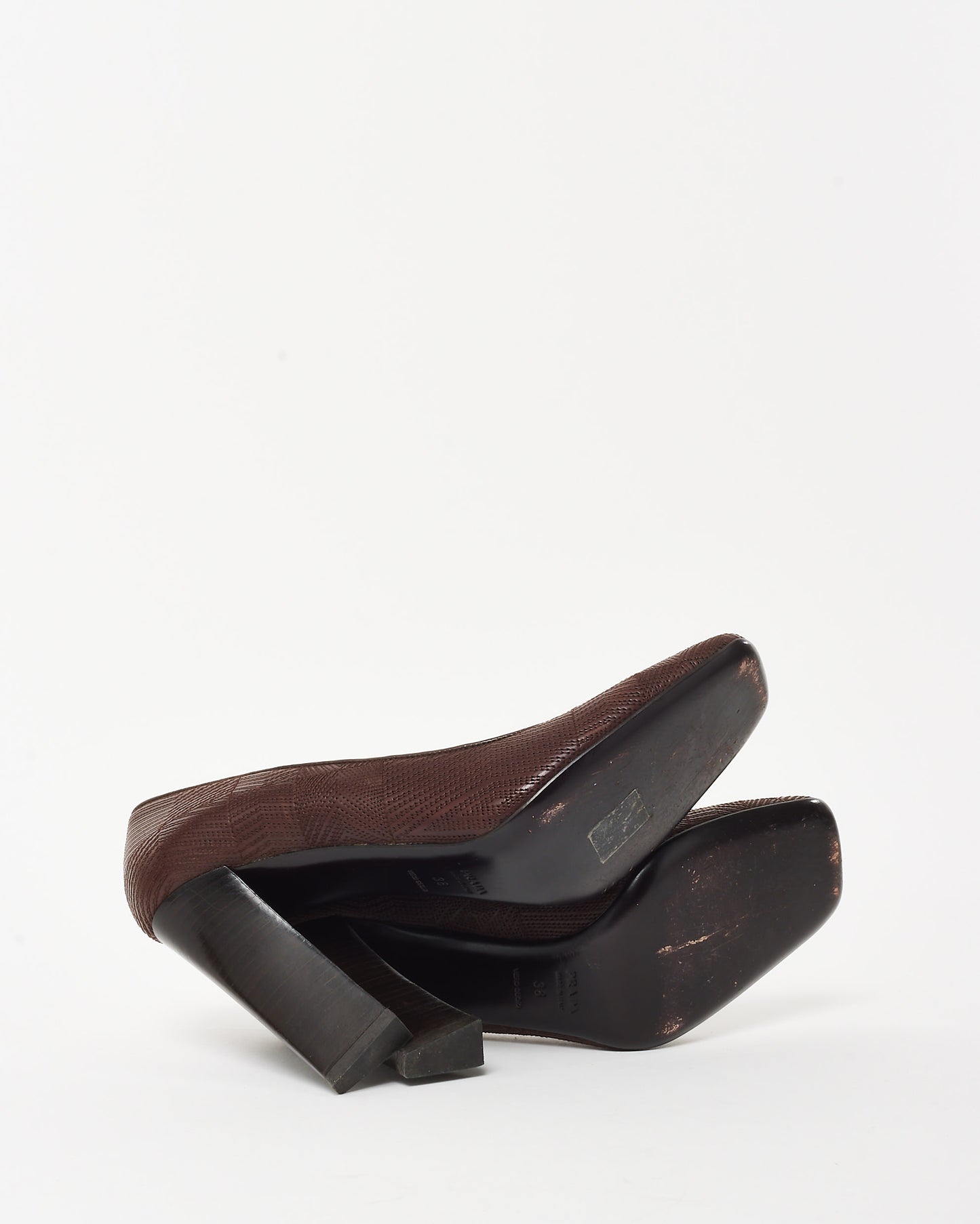 Prada Brown Geometric Embossed Leather Square Toe Pumps - 38