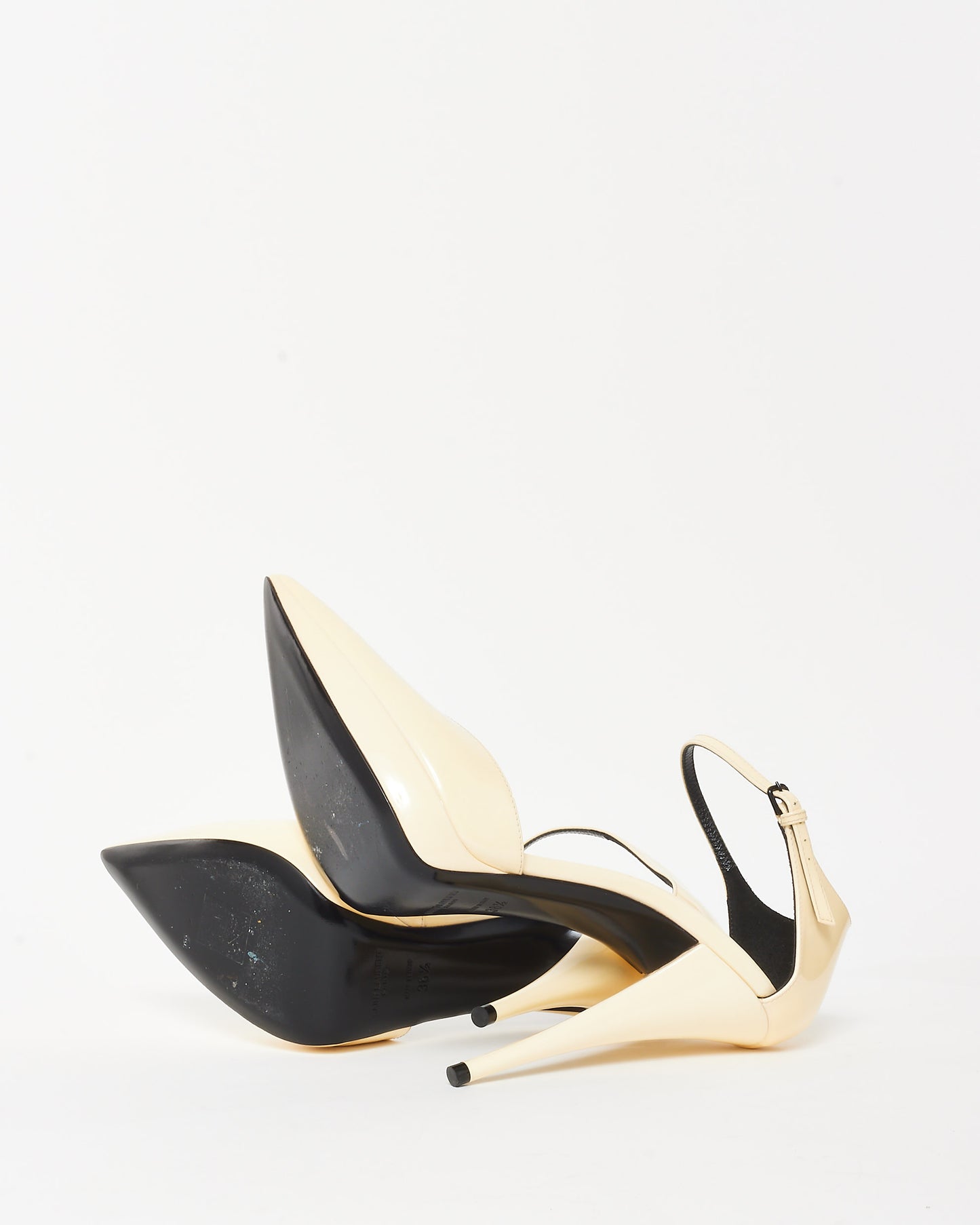 Saint Laurent Cream Coquille Patent Leather Anja Ankle Strap Pointed Pumps - 38.5