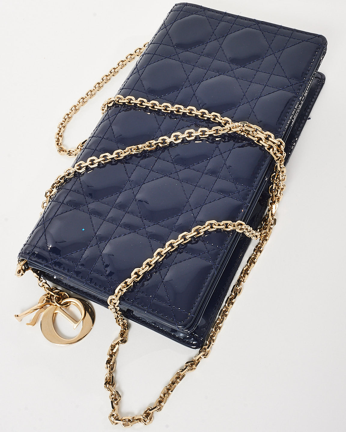 Dior Navy Blue Patent Calfskin Cannage Lady Dior Pouch WOC Crossbody GHW