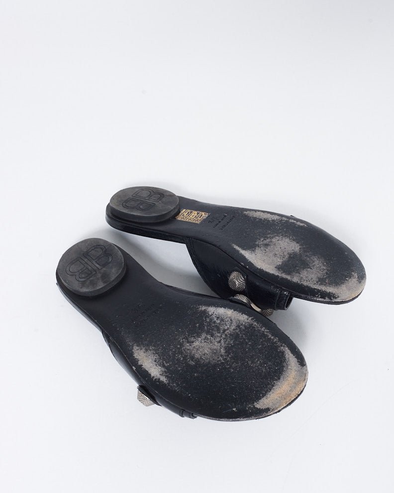 Balenciaga Black Leather Cagole Arena Studded Sandals - 37.5