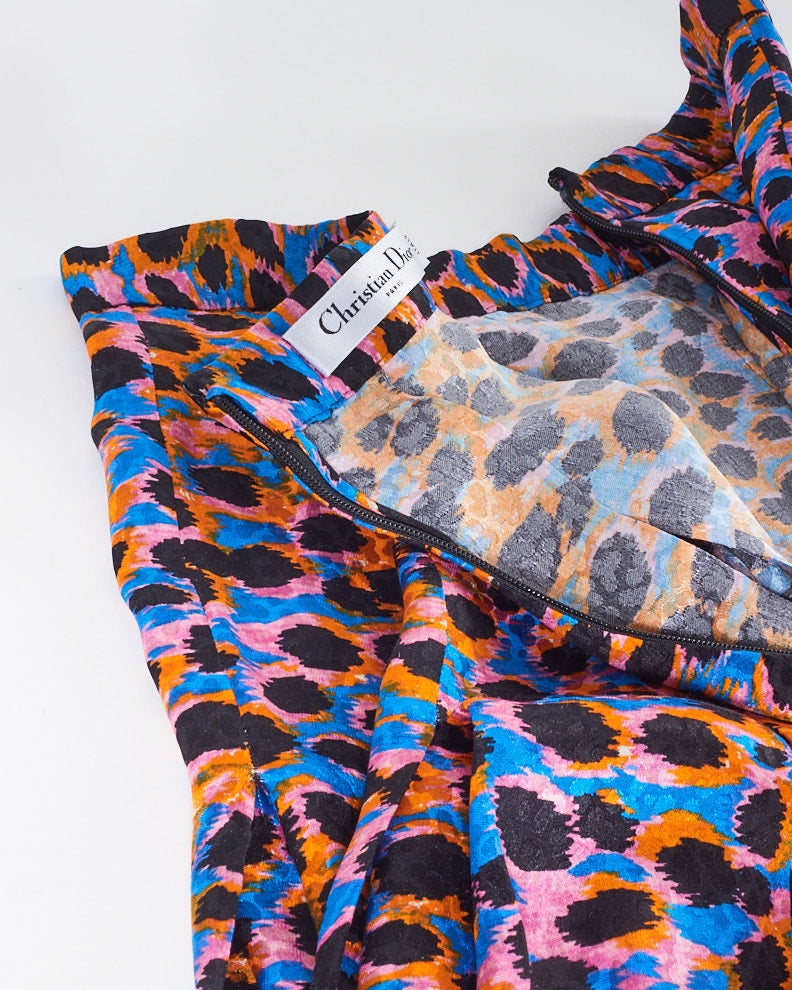Dior Pink/Orange/Blue Multi Silk Neon Leopard Print Midi Pleated Skirt - US 6