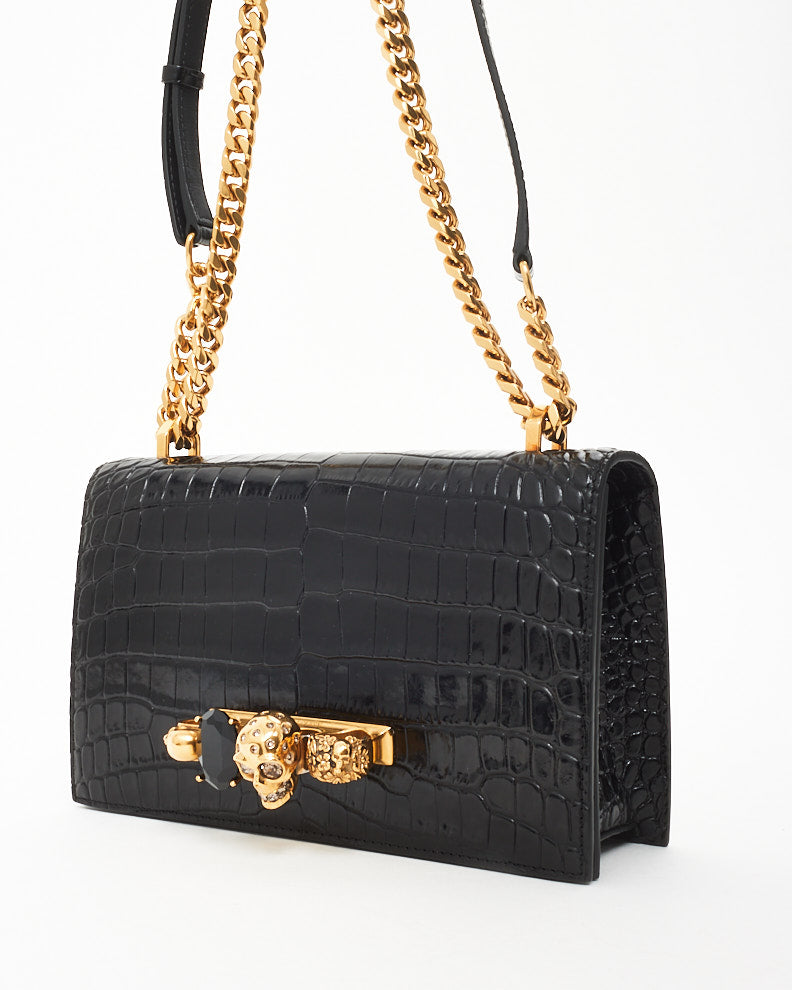 Alexander McQueen Black Croc Embossed Leather Gold Jewelled Skull Satchel Shoulder Bag