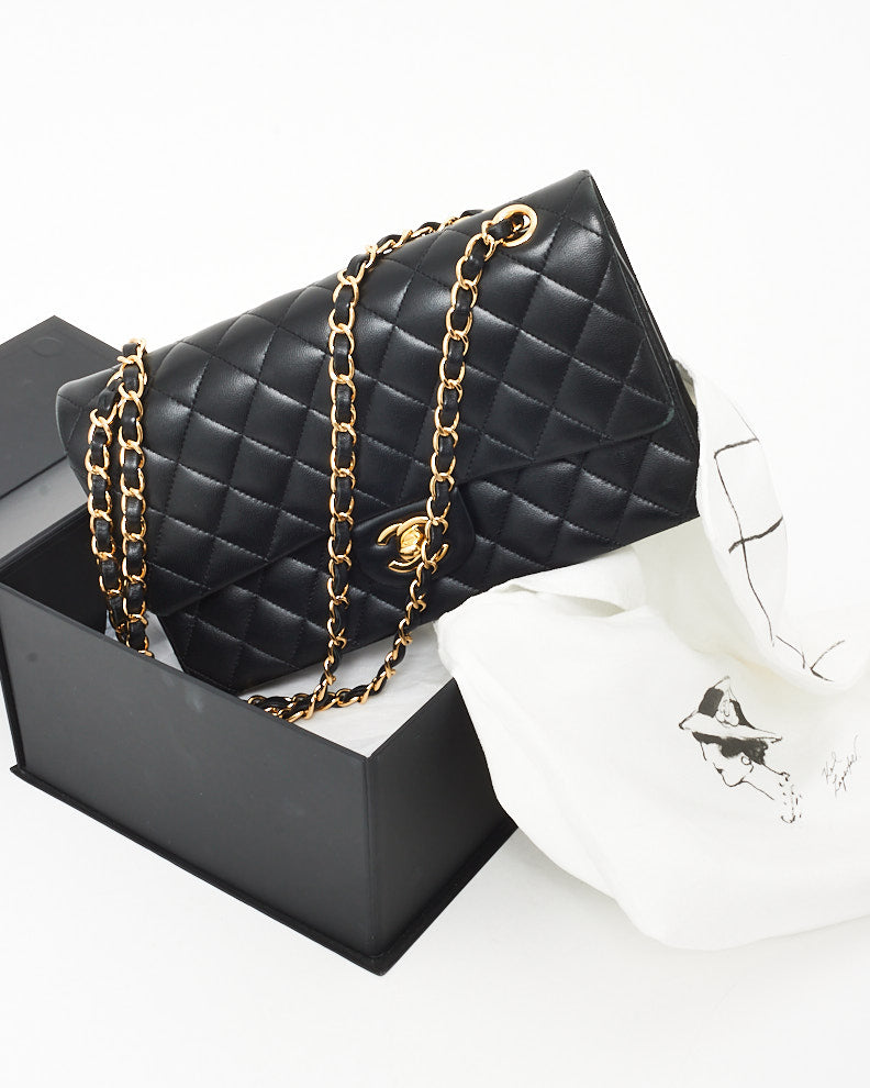 Chanel Black Quilted Lambskin Leather Medium Classic Double Flap Bag GHW