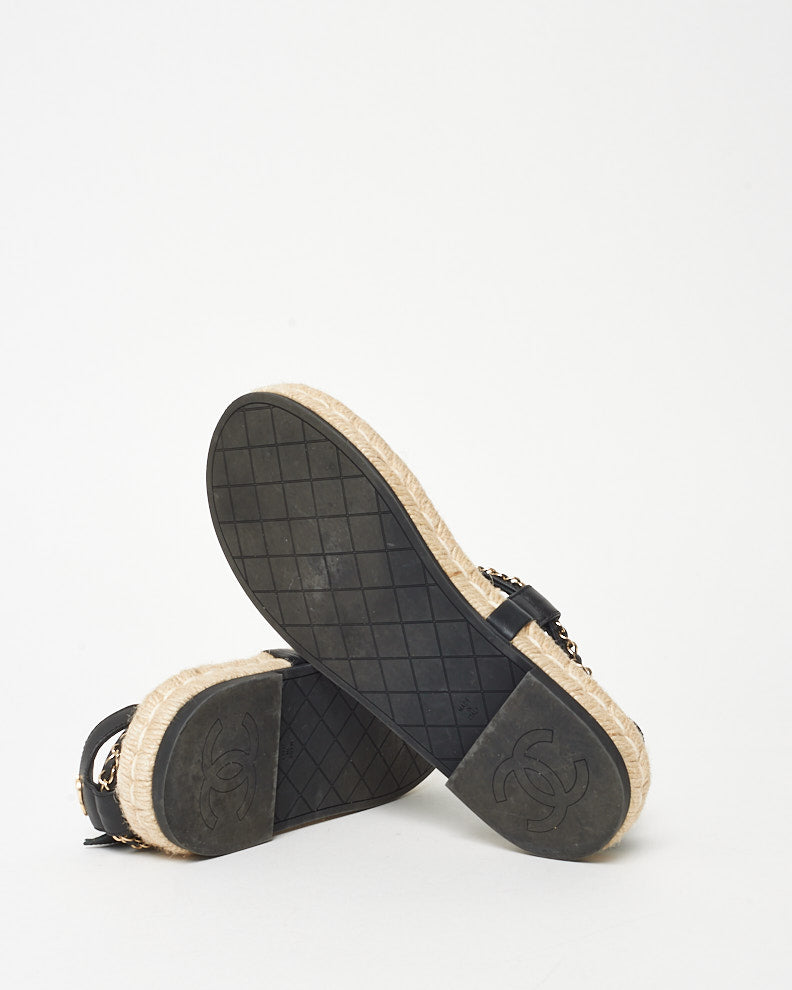 Chanel Black Lambskin Chain CC Thong Espadrille Sandals - 38