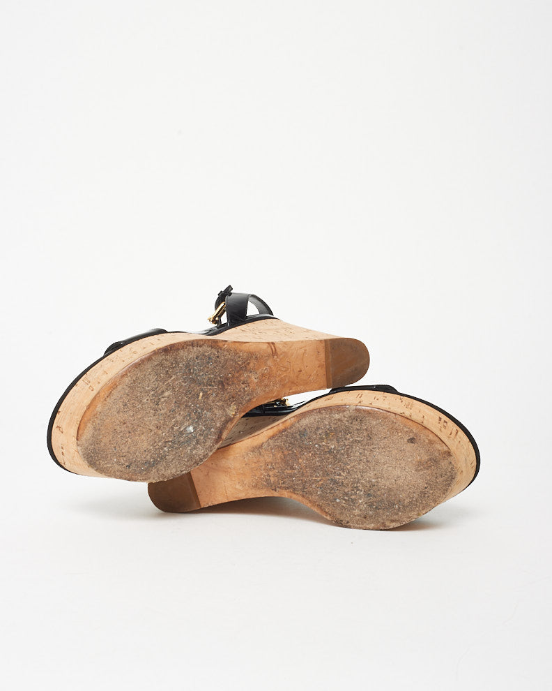 Louis Vuitton Black Patent Leather LV Logo Wedge Sandals - 40