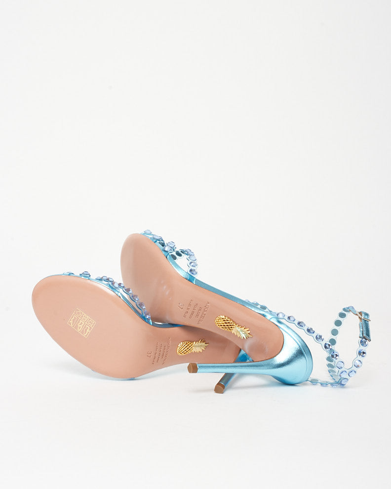 Aquazzura Metallic Blue PVC Crystal Embellished Tequila Sandal 105mm Sandals - 37
