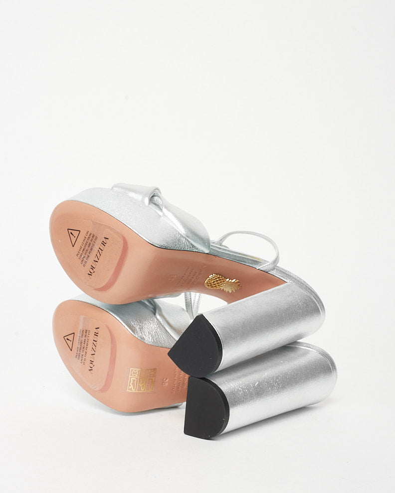 Aquazzura Silver Leather Olie Plateau 140mm Platform Ankle Strap Sandals - 38