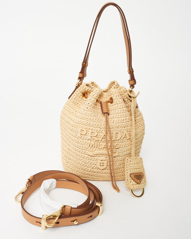 Prada Beige Crochet and Leather Logo Mini Bucket Bag
