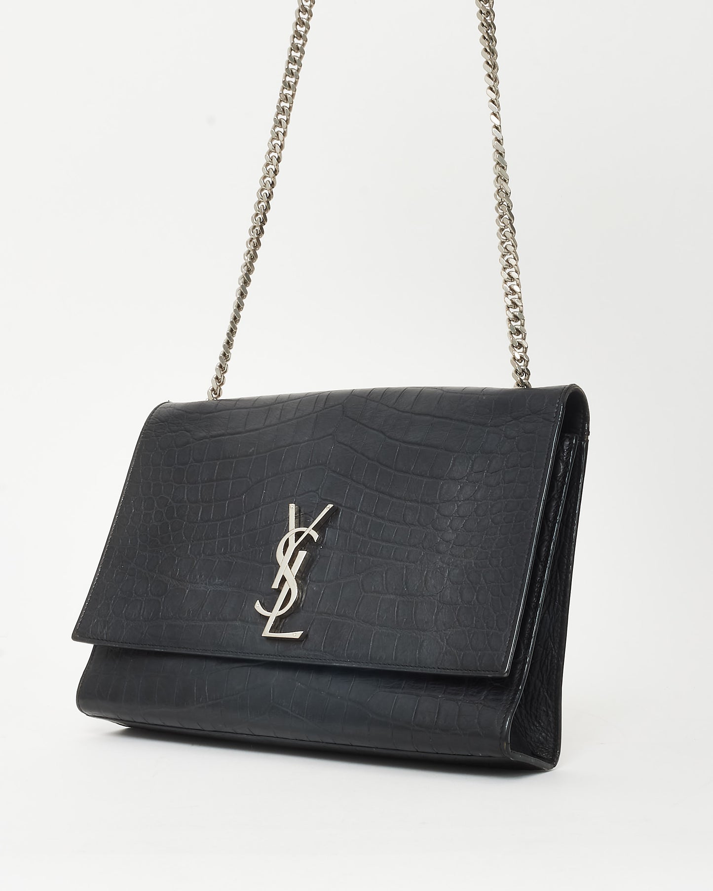 Saint Laurent Black Croc Embossed Leather Large Monogram YSL Kate Crossbody Bag