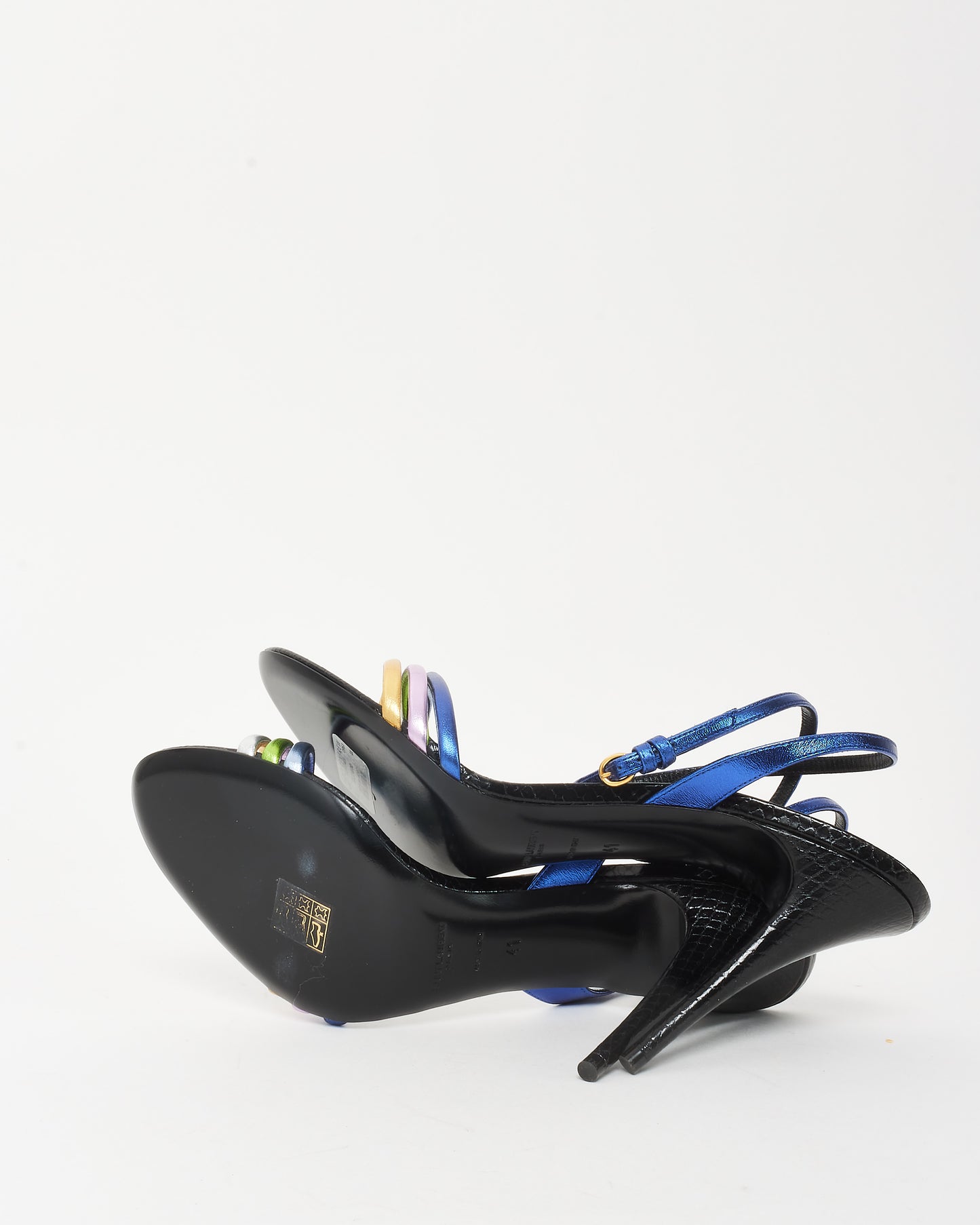 Saint Laurent Black Leather Multi Strap Metallic Snake-Print Manhattan Sandals - 41