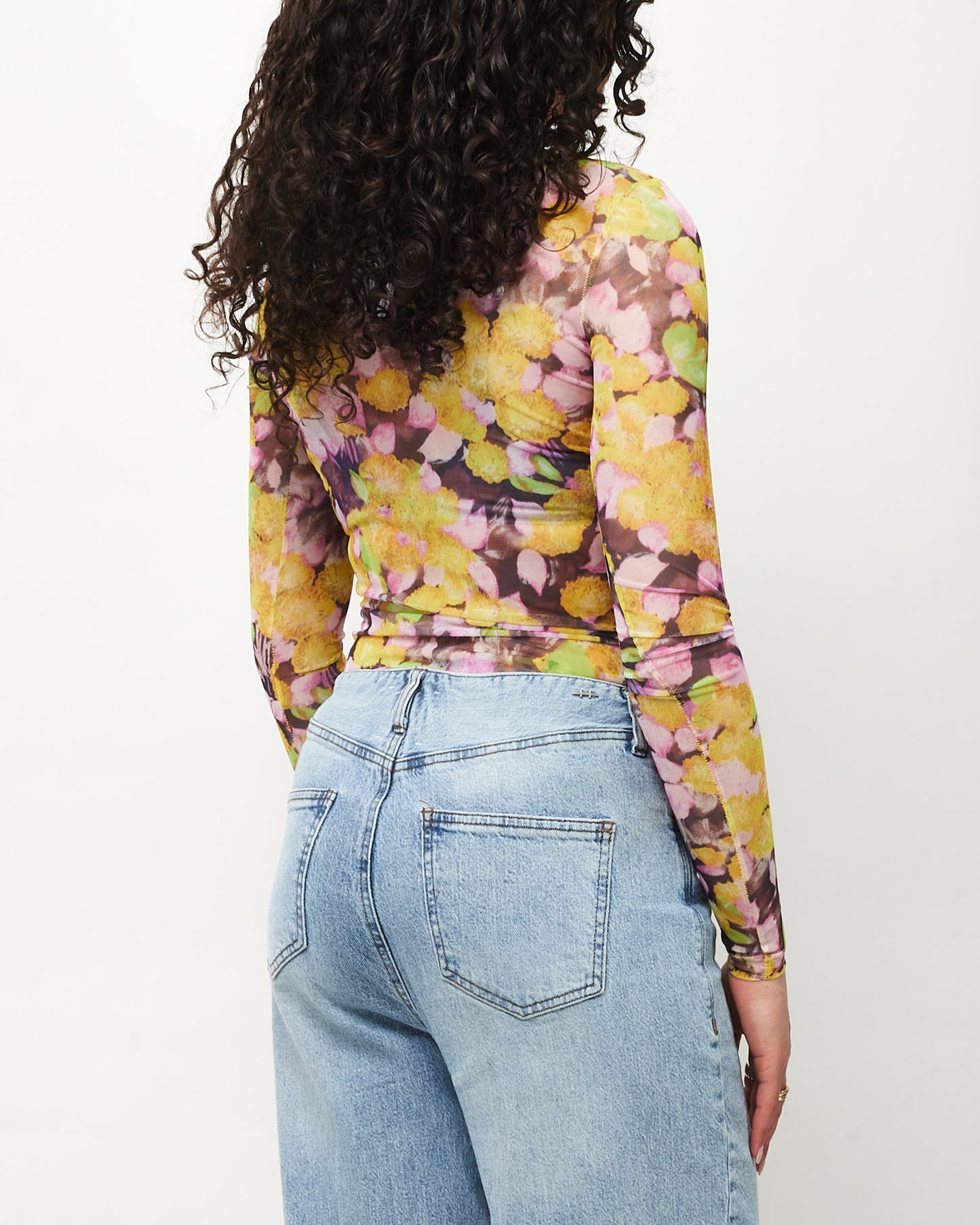 Dries Van Noten Yellow Floral Heste Print Mesh Top - XS