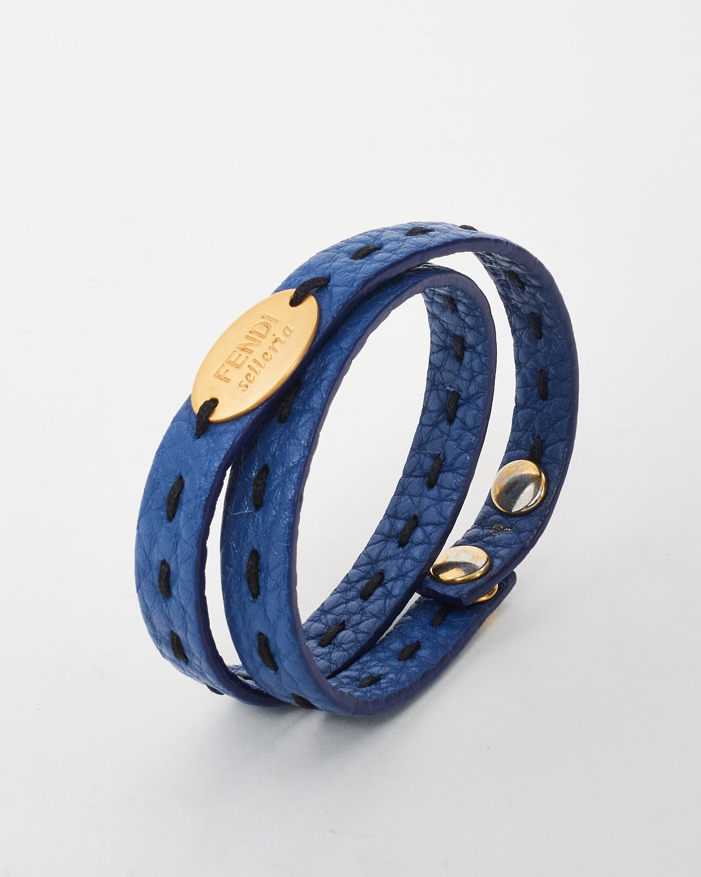 Fendi Blue Leather Gold Fendi Selleria Logo Double Wrap Bracelet