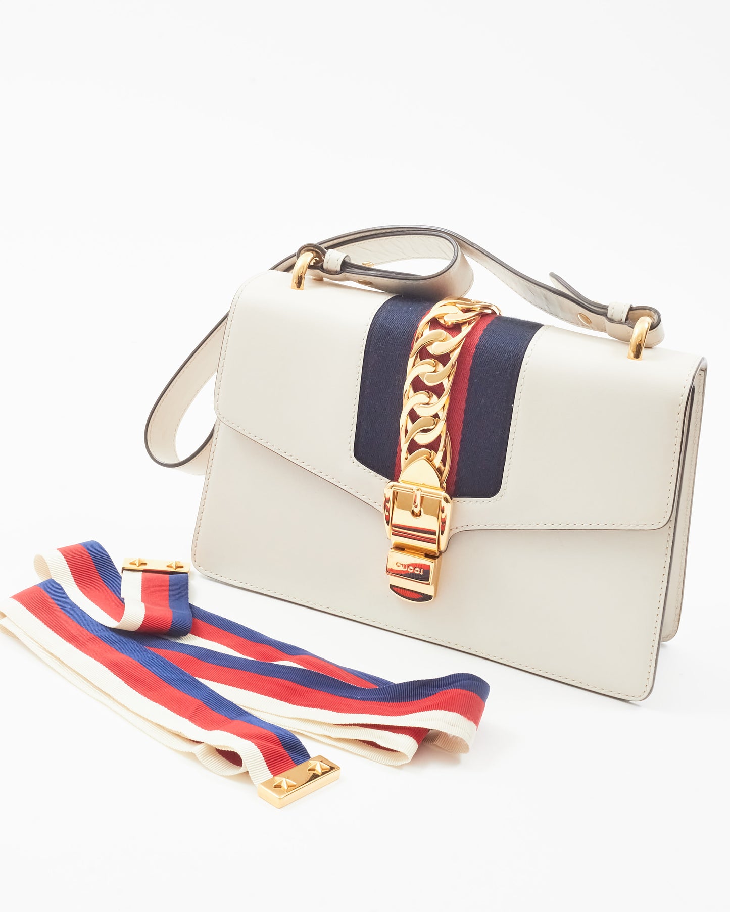 Gucci White Leather Small Sylvie Small Web Shoulder Bag