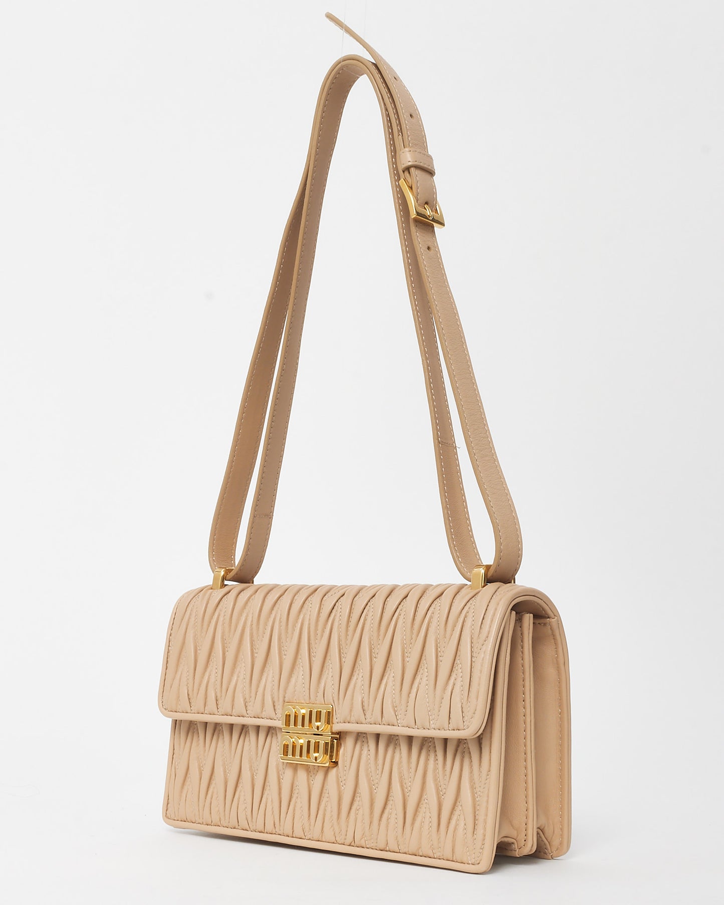 Miu Miu Beige Matelassé Nappa Leather Logo Pushlock Shoulder Bag