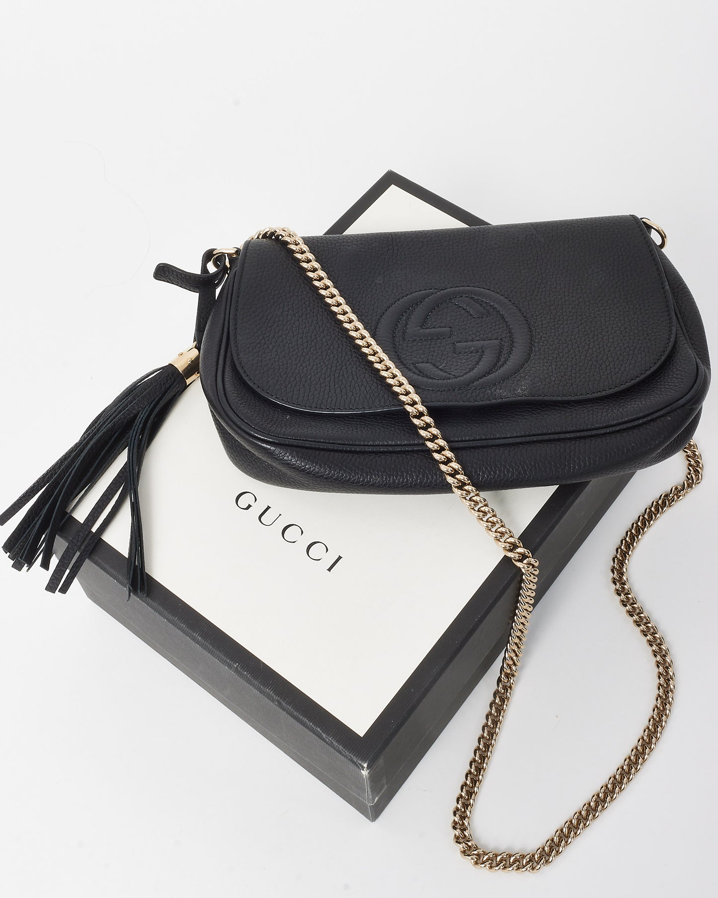 Gucci Black Pebbled Calfskin Leather Medium Soho Flap Crossbody
