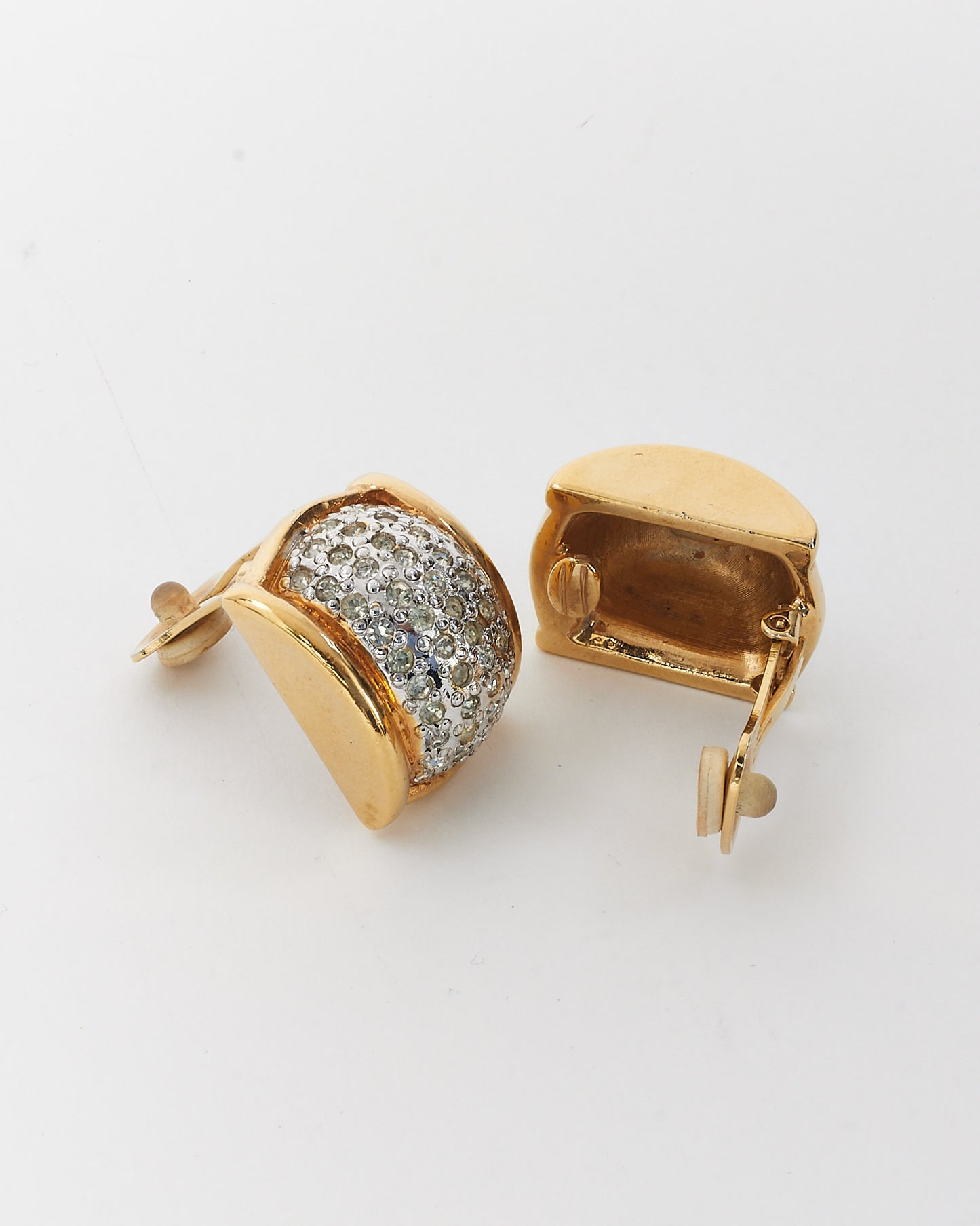Saint Laurent YSL Vintage Gold Crystal Pave Clip-On Earrings