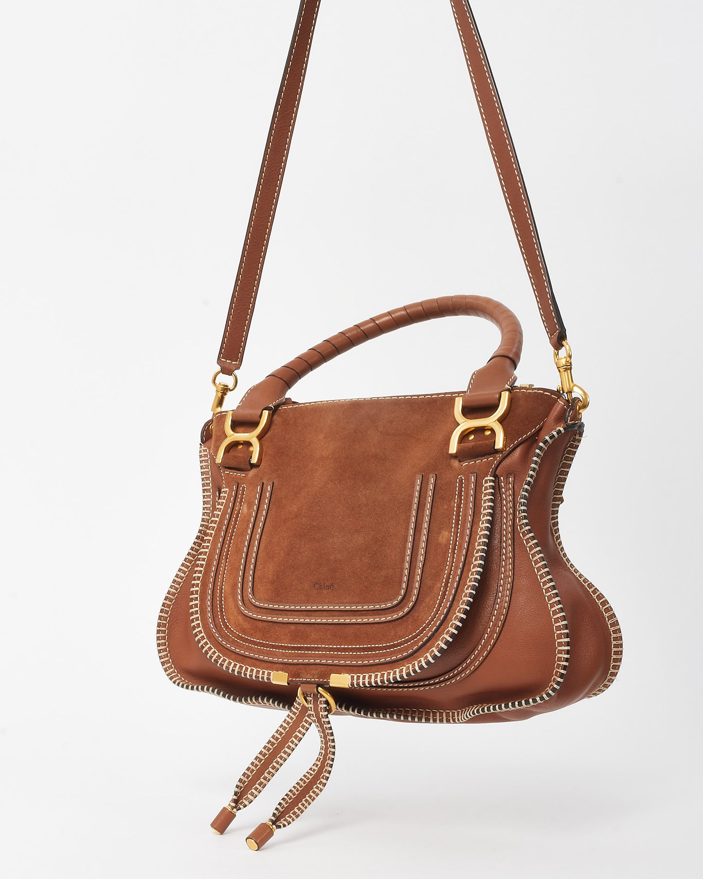 Chloé Brown Suede & Leather Stitched Medium Marcie Satchel 2Way Bag