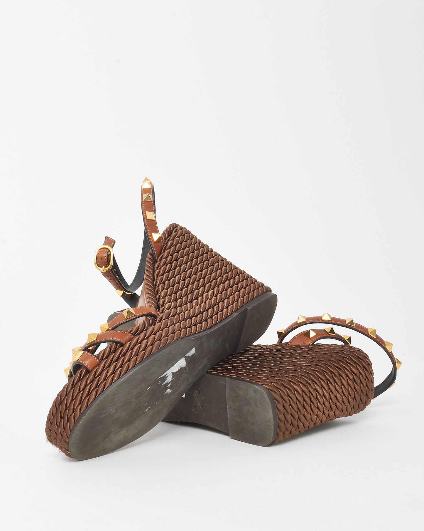 Valentino Brown Rockstud Leather Espadrille Wedges - 37