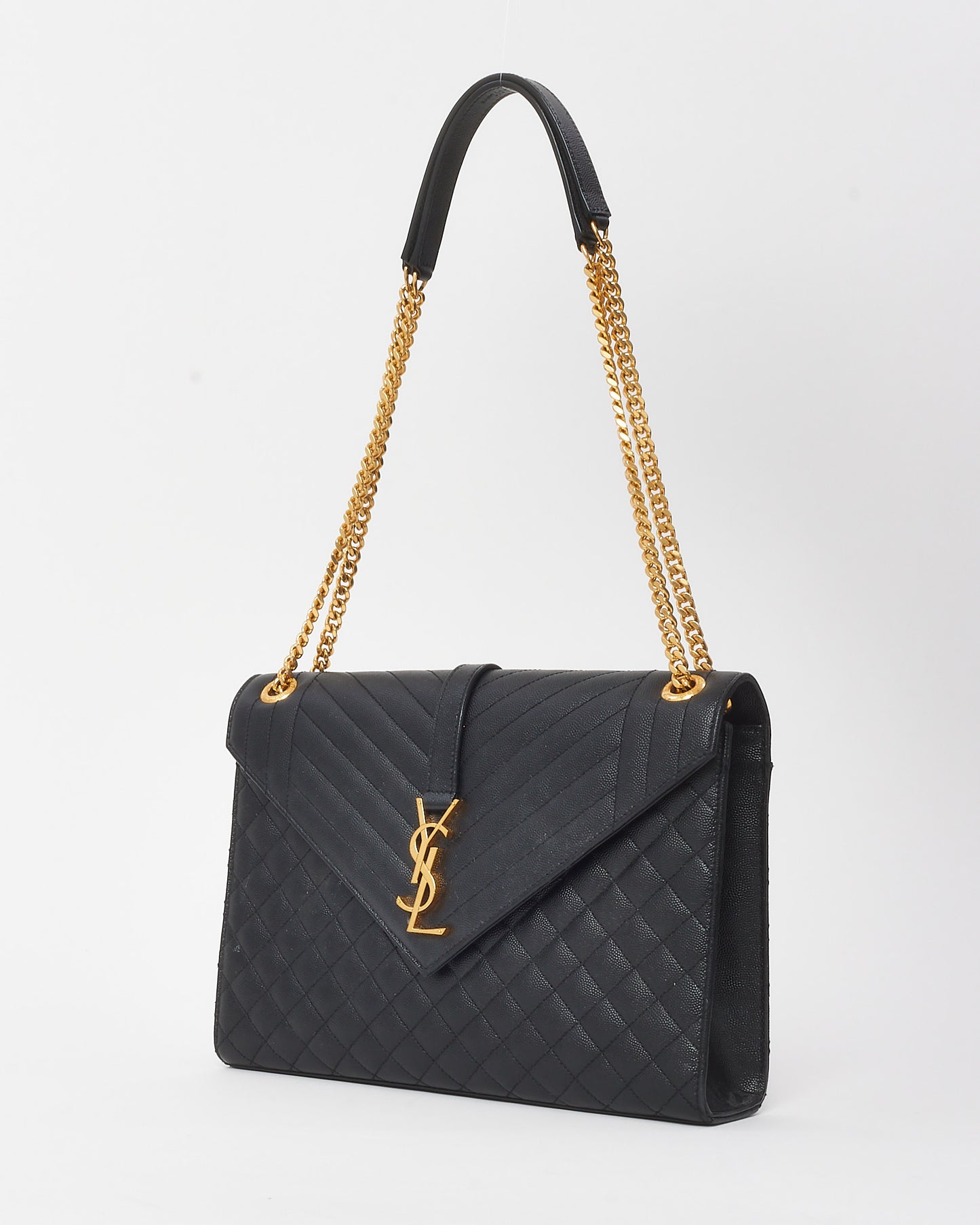 Saint Laurent Black Matelassé Chevron Leather YSL Monogram Large Envelope Bag