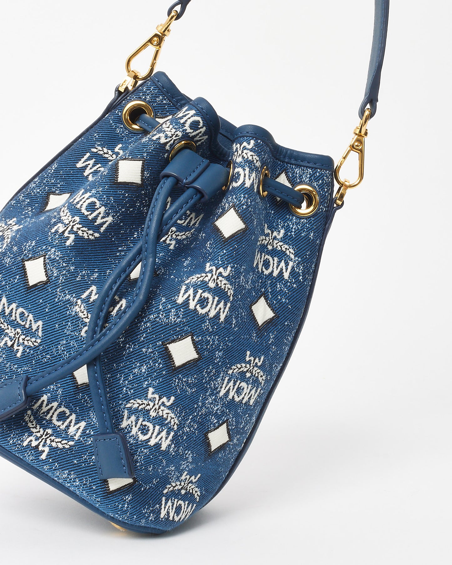 MCM Blue Vintage Denim Jacquard Logo Dessau Drawstring Bucket Bag - STRAP MISSING