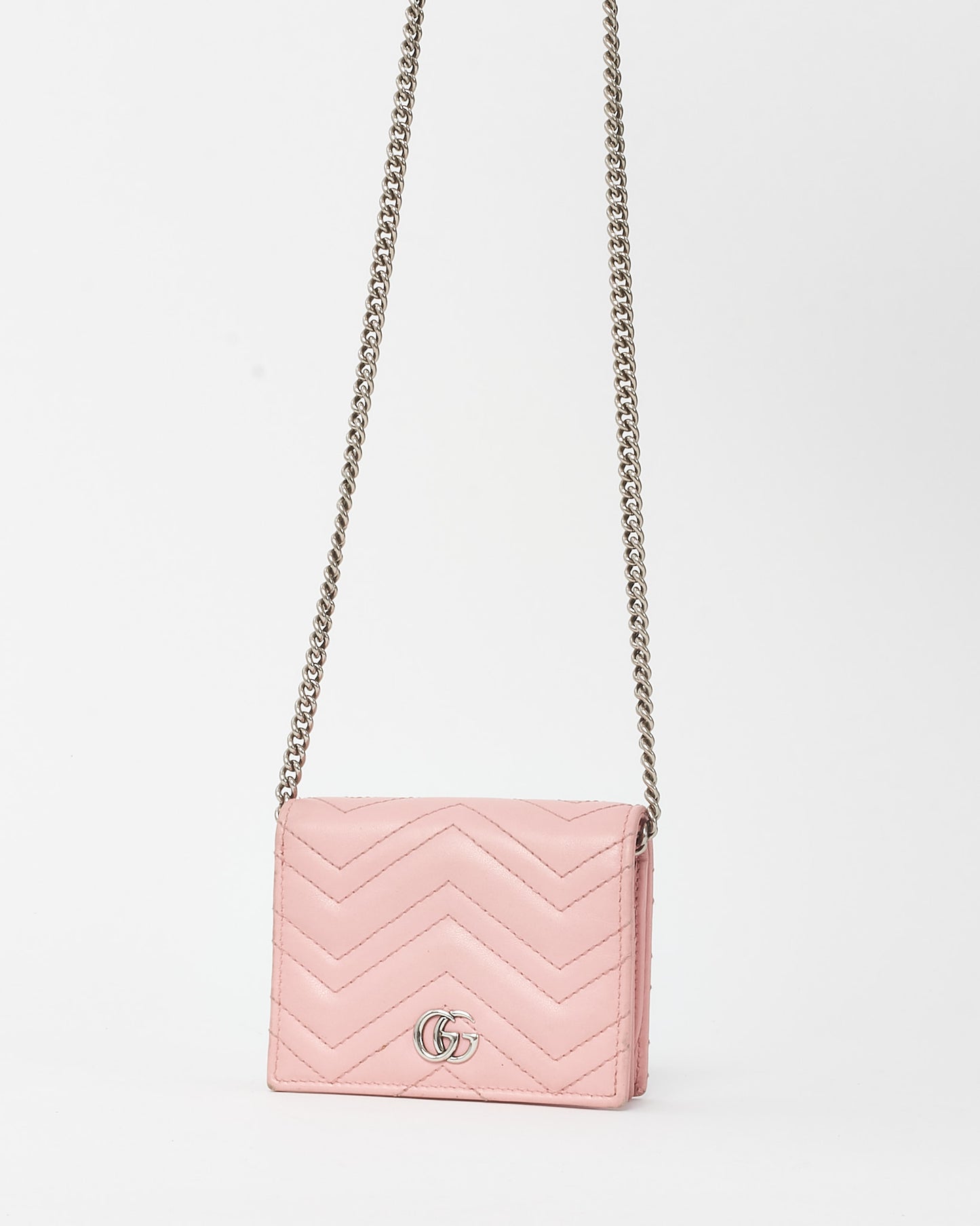 Gucci Pink Matelassé Chevron Leather GG Marmont Card Case Wallet with Chain WOC