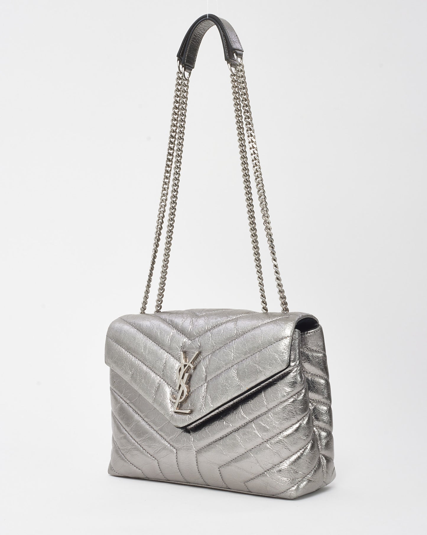 Saint Laurent Metallic Silver Leather Small YSL Monogram Loulou Shoulder Bag SHW