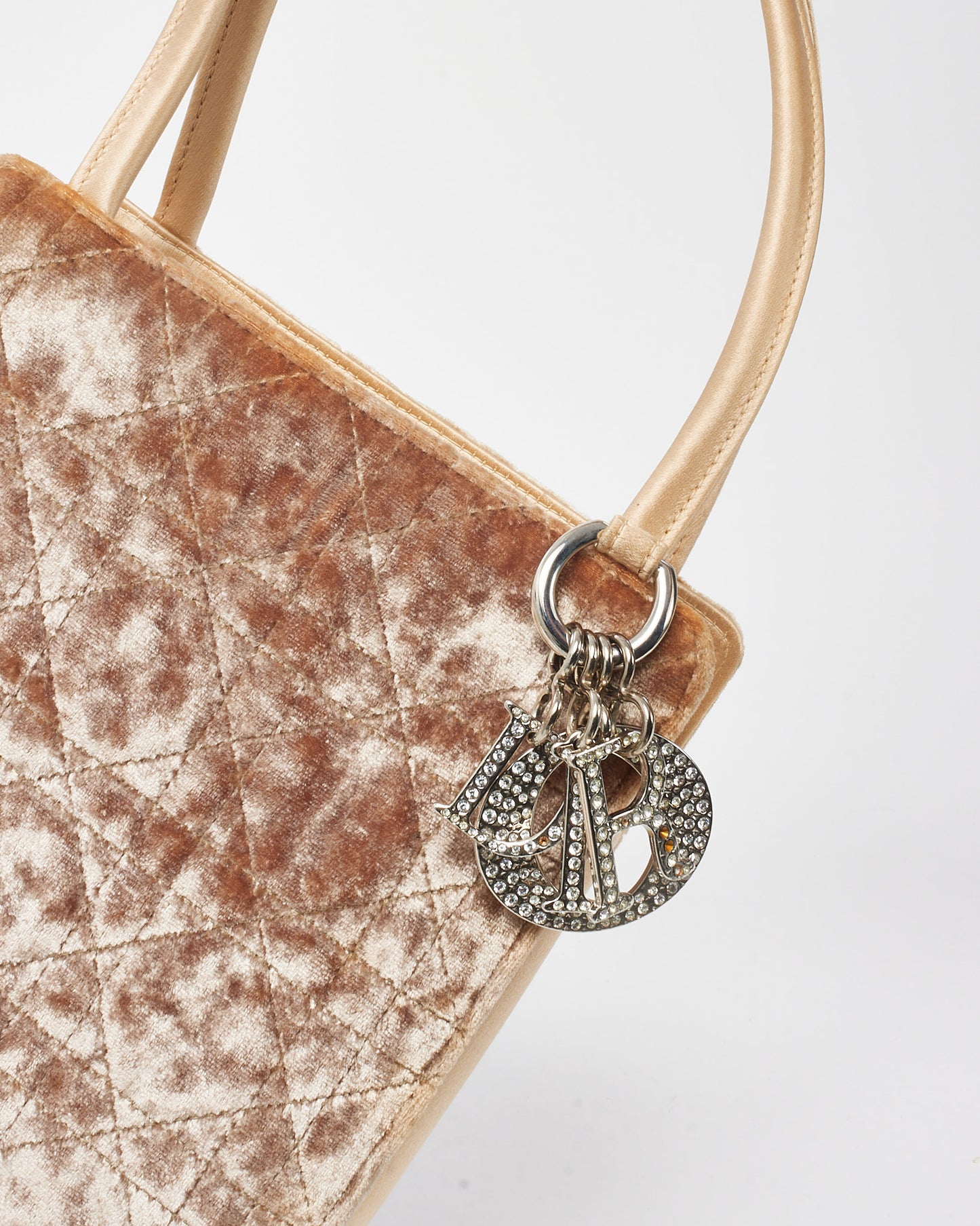 Dior Vintage Beige Satin/Velvet Cannage Crystal Logo Mini Top Handle Bag