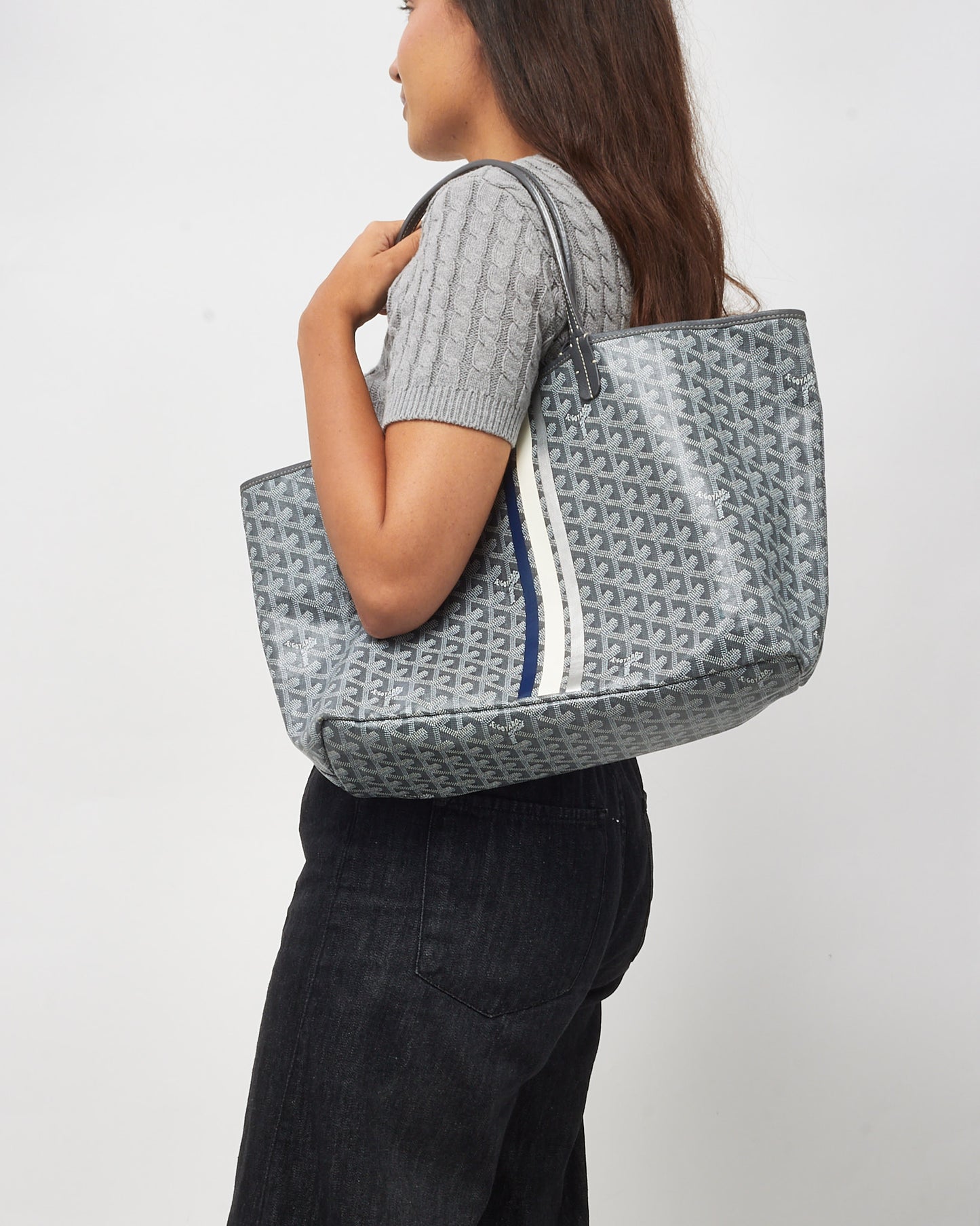 Goyard Grey Goyardine Canvas Grey Hand Painted Stripes Saint Louis PM Tote