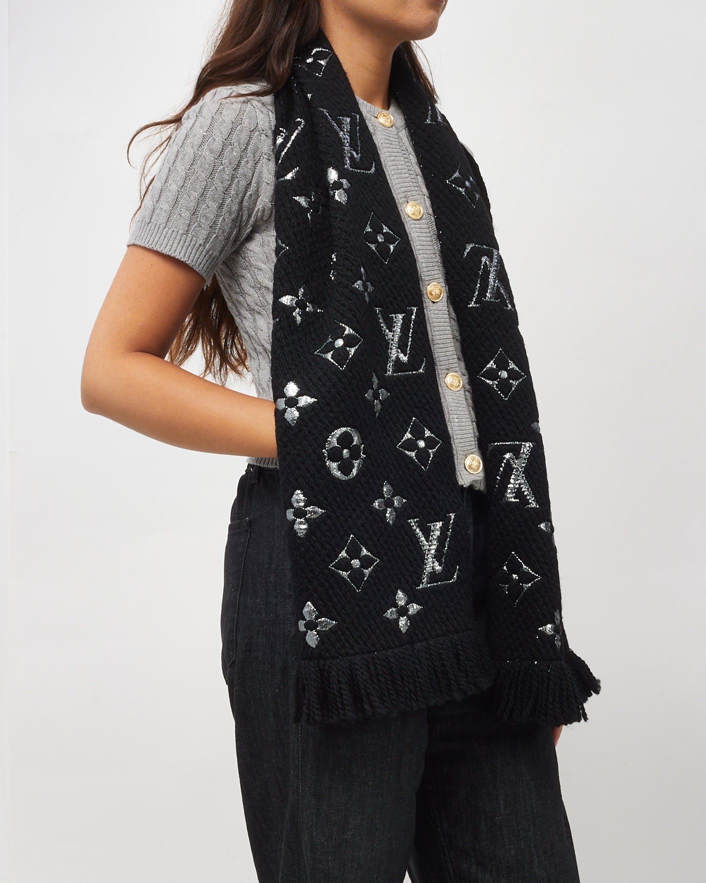 Louis Vuitton Black & Silver Monogram Logomania Mahina Shine Wool Scarf