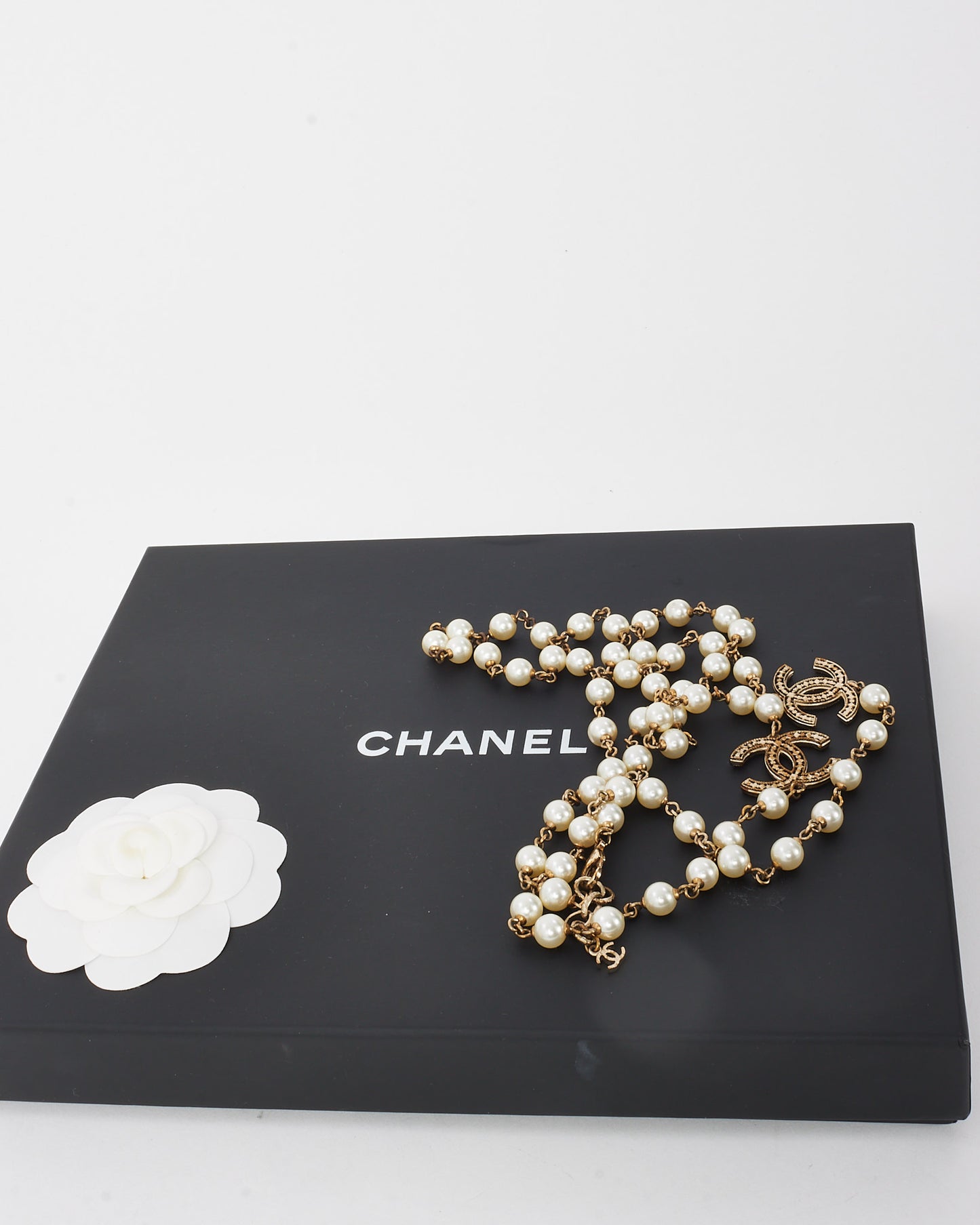 Chanel Light Gold CC and White Resin Pearl Long Necklace