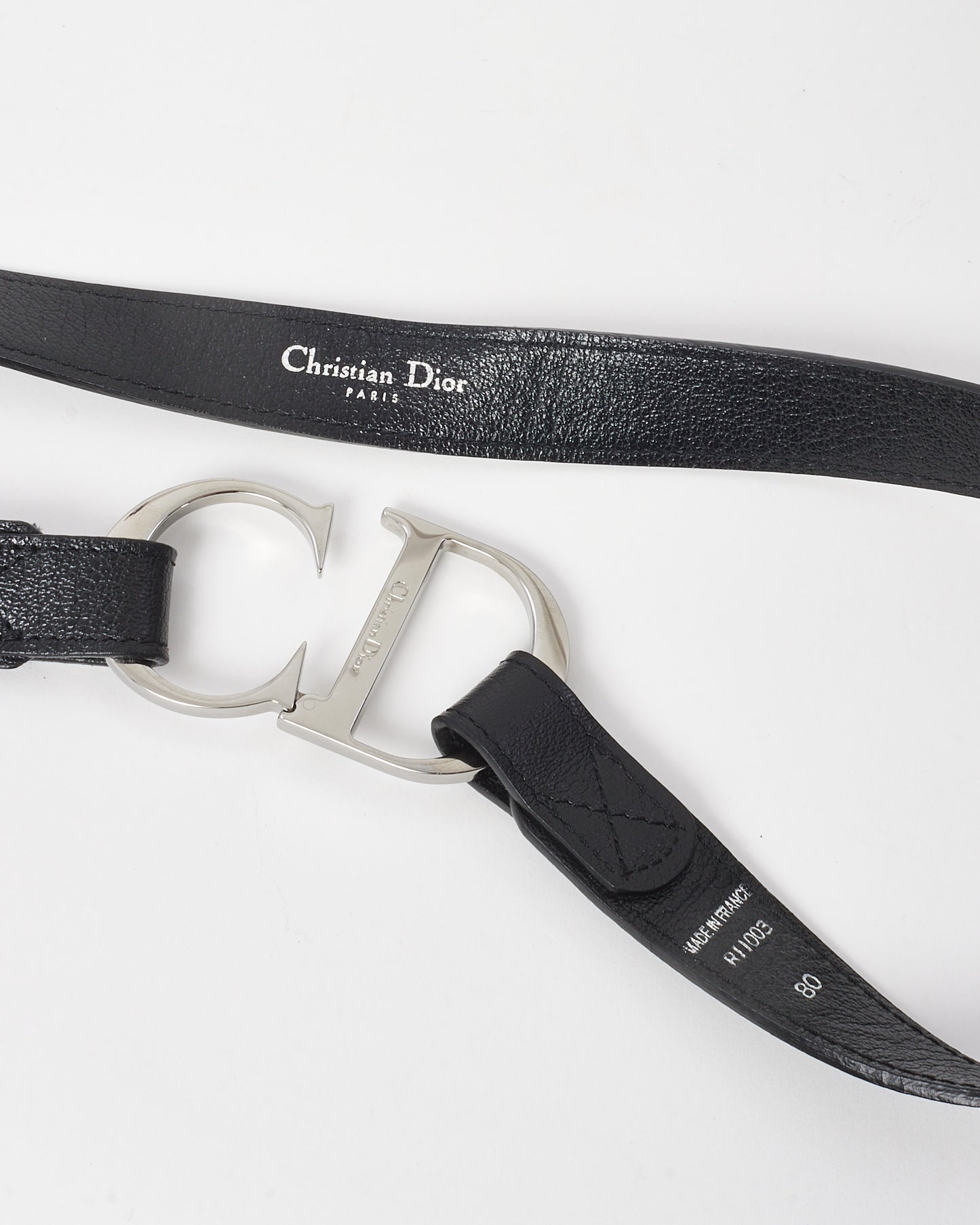 Dior Black Leather Vintage Silver CD Logo Saddle Belt - 80