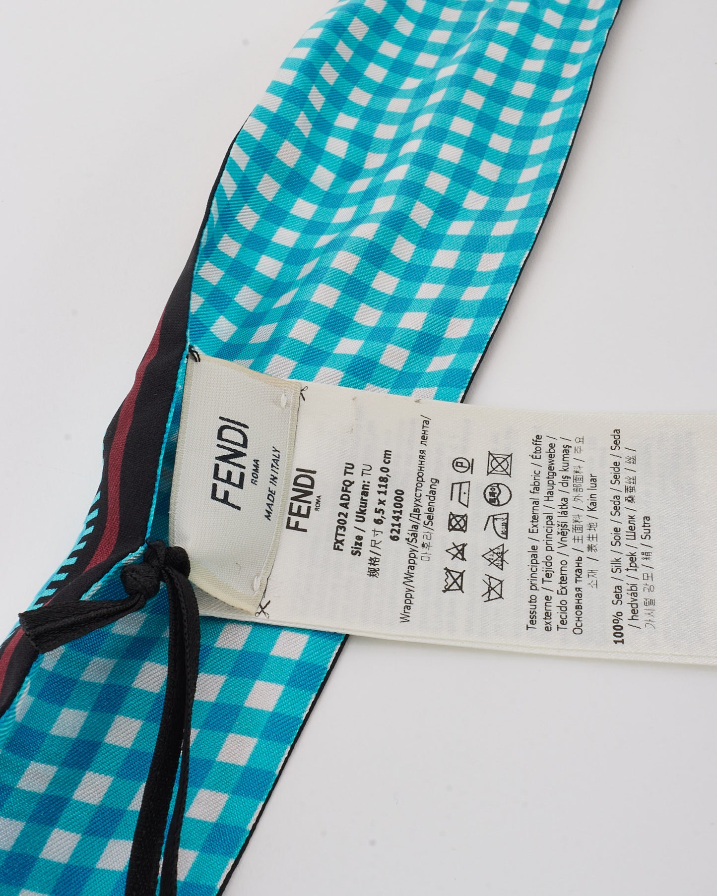 Fendi Blue Multi Gingham Logo Silk Wrappy Twilly Scarf