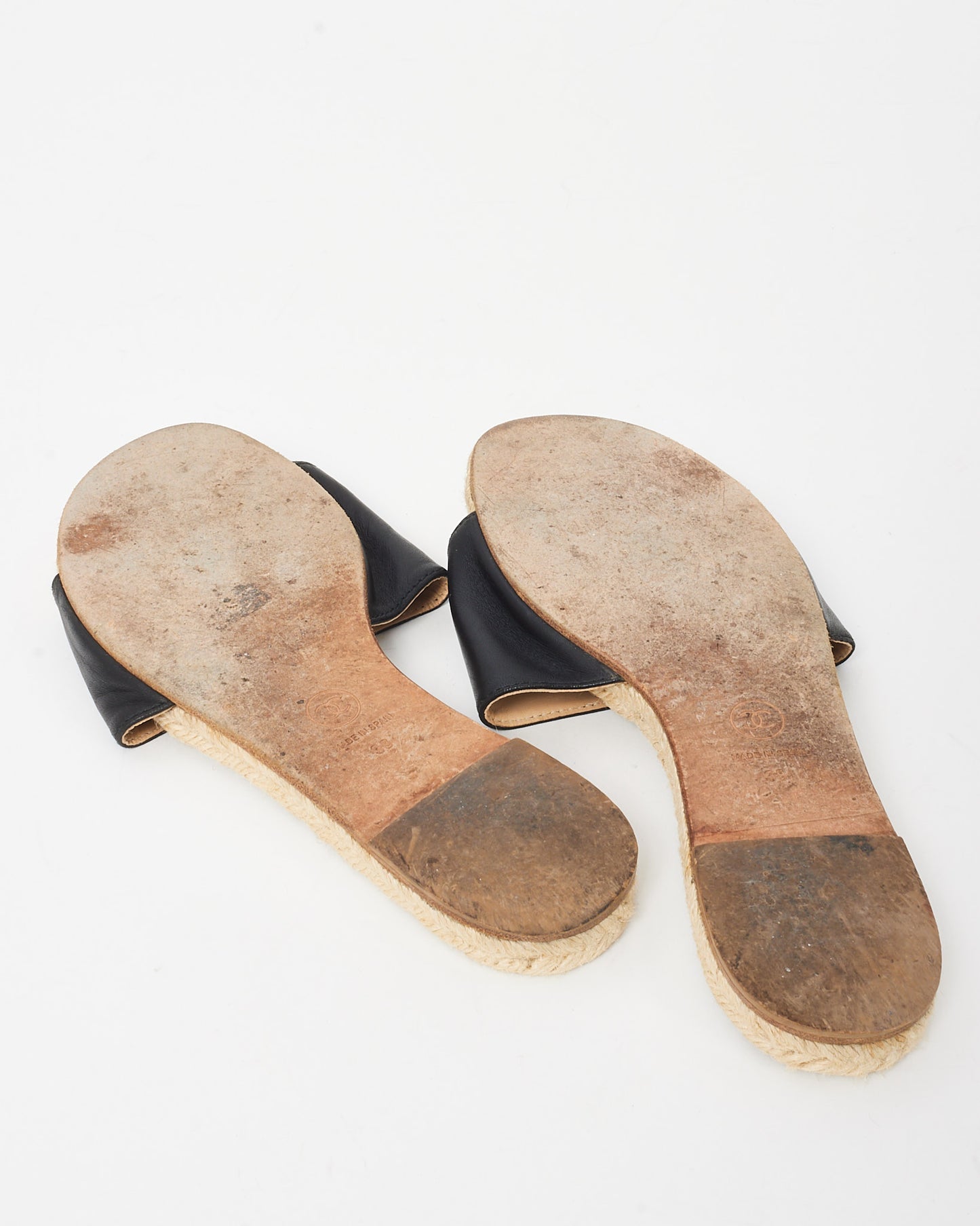 Chanel Black Leather CC Logo Espadrilles Slip On Sandals - 38