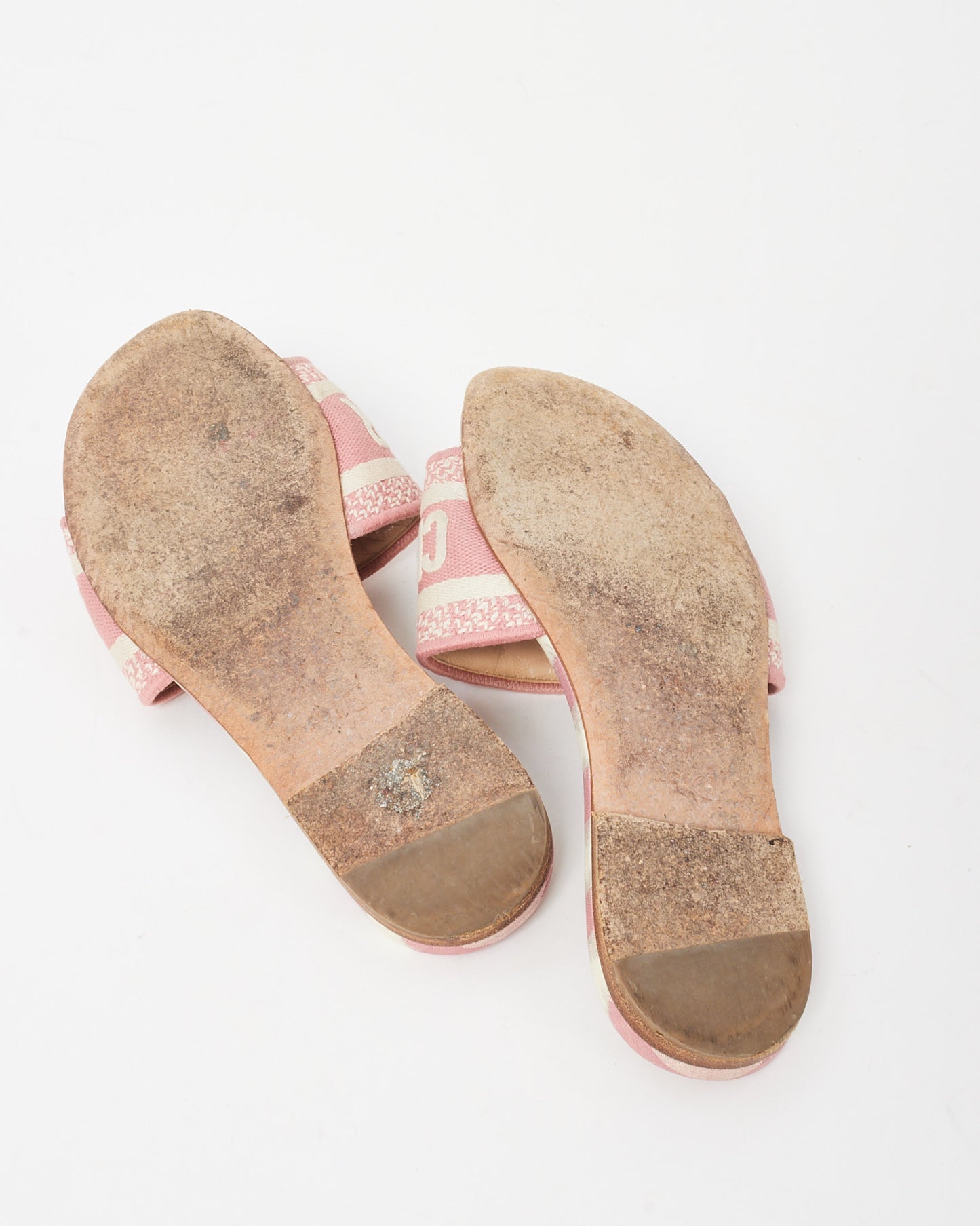 Dior Pink and White Stripe Logo Embroidered Cotton Dway Slides - 35