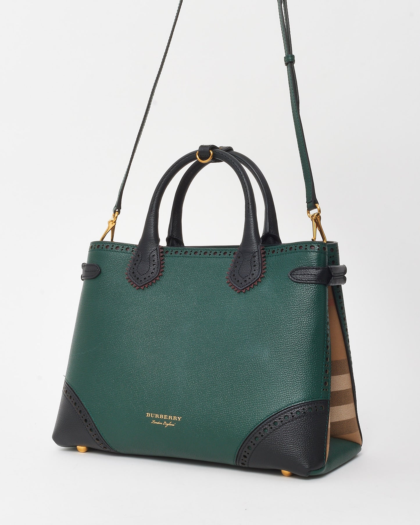 Burberry Sea Green/Black Grained Leather Medium Banner Tote Bag with Strap